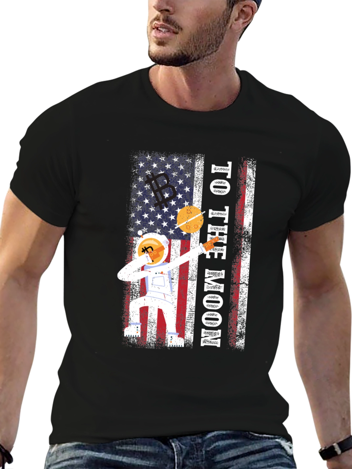 To The Moon Astronaut USA Flag Graphic T-Shirt
