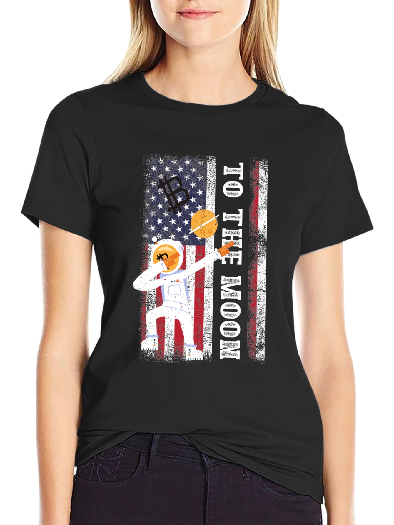 To The Moon Astronaut USA Flag Graphic T-Shirt