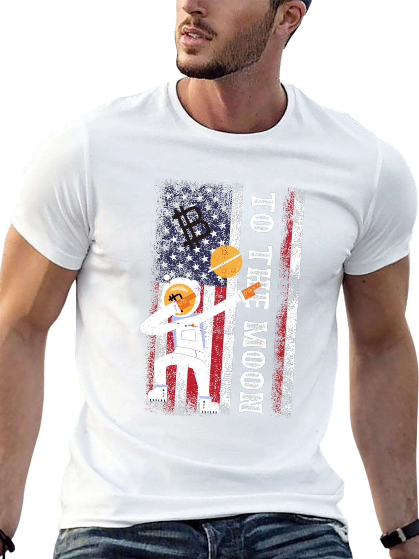 To The Moon Astronaut USA Flag Graphic T-Shirt