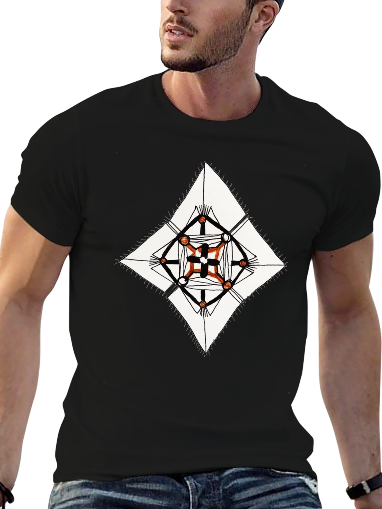 Geometric Diamond Print Black T-Shirt