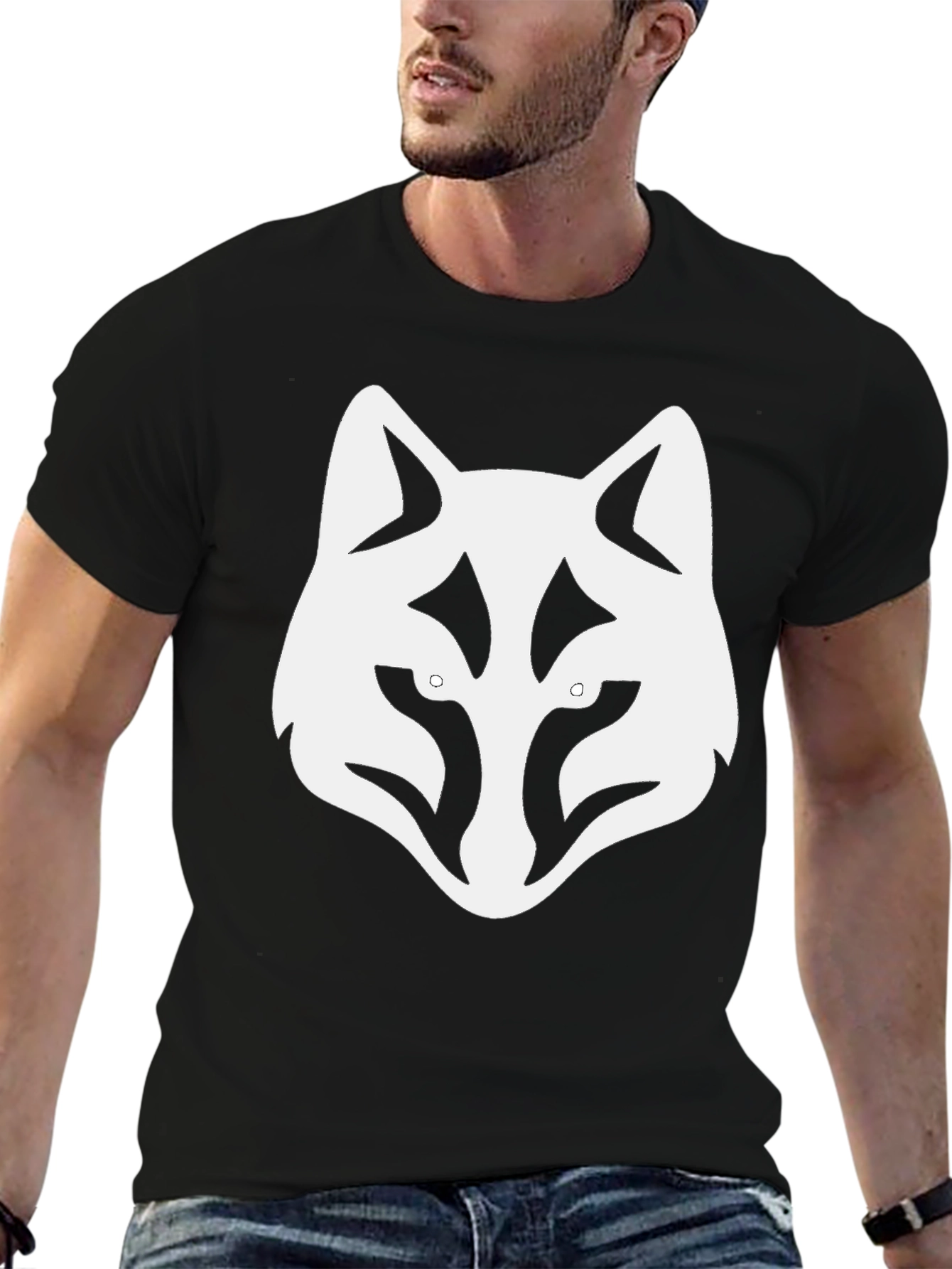Black T-Shirt with White Wolf Head Graphic Tee