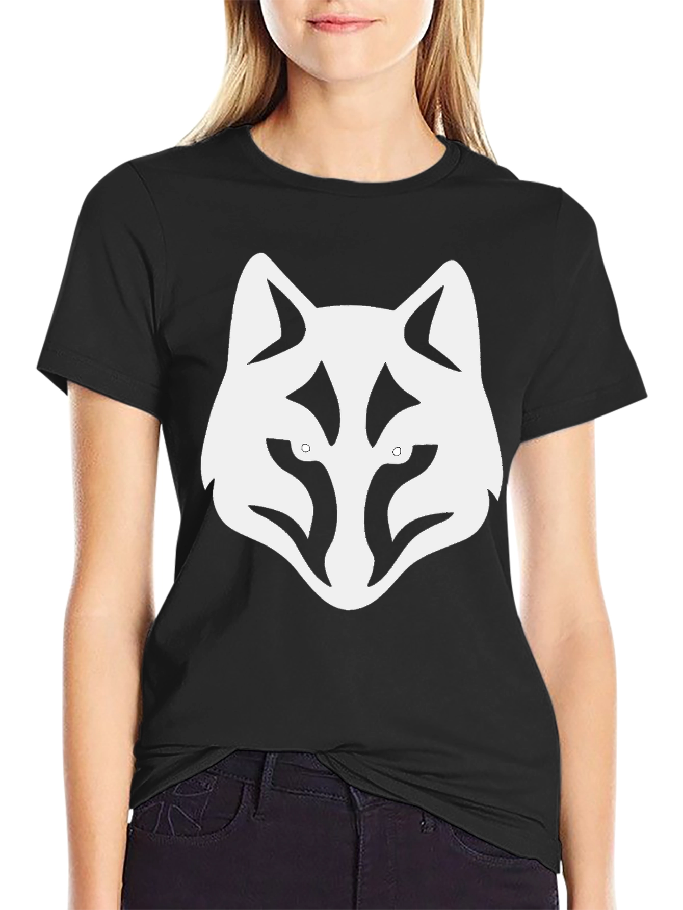Black T-Shirt with White Wolf Head Graphic Tee