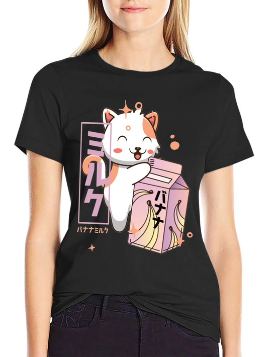 Kawaii Cat Banana Milk T-Shirt - Cute Japanese Anime Style