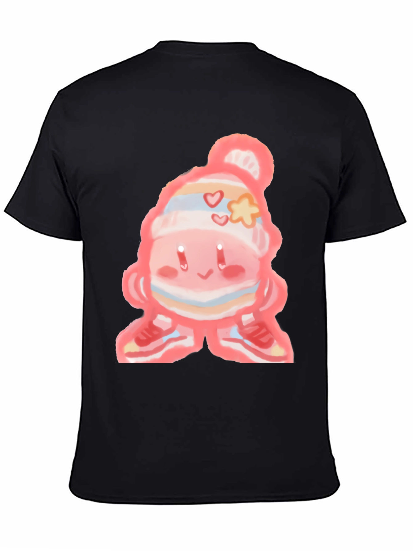 Cute Cartoon Character on Black T-Shirt