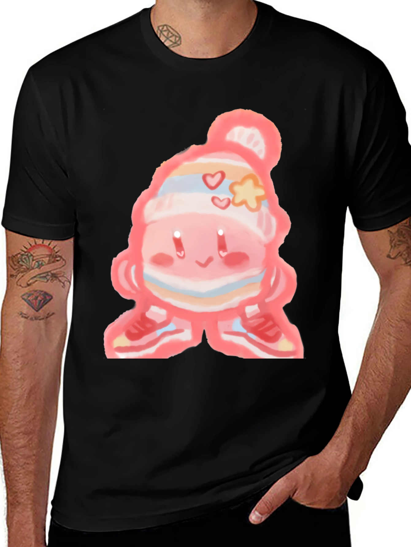 Cute Cartoon Character on Black T-Shirt