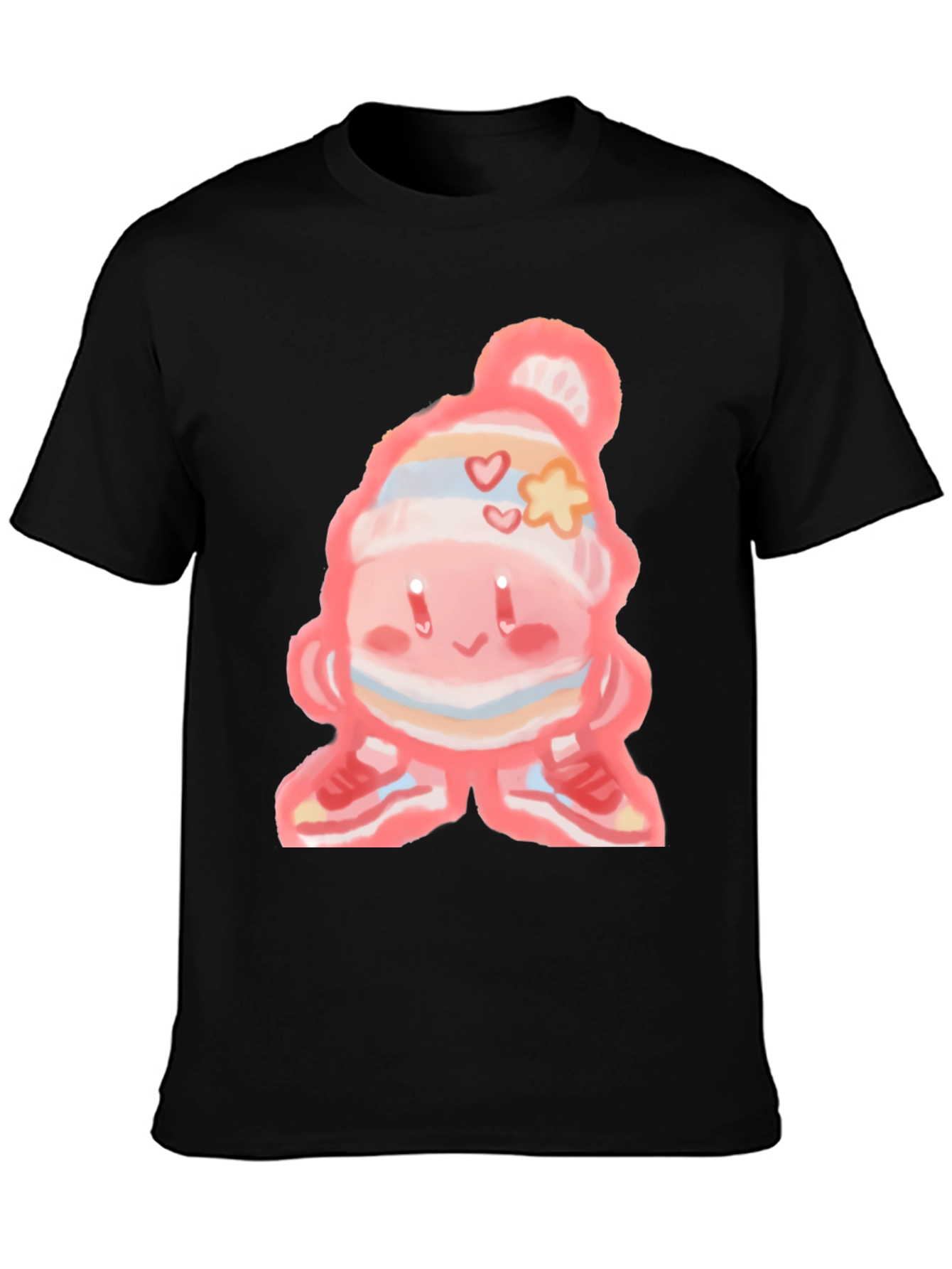 Cute Cartoon Character on Black T-Shirt