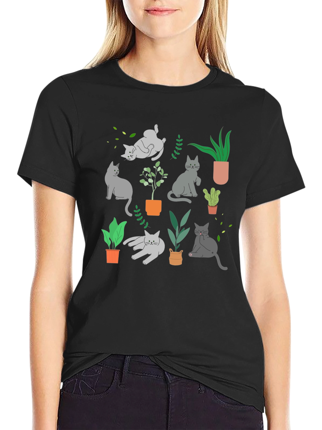 Cat & Plant Graphic Tee - Black Cotton Blend