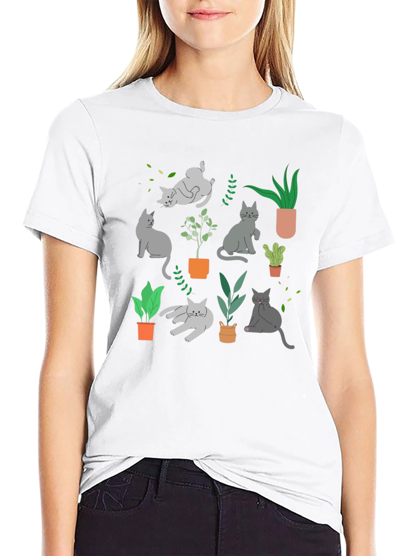 Cat & Plant Graphic Tee - Black Cotton Blend