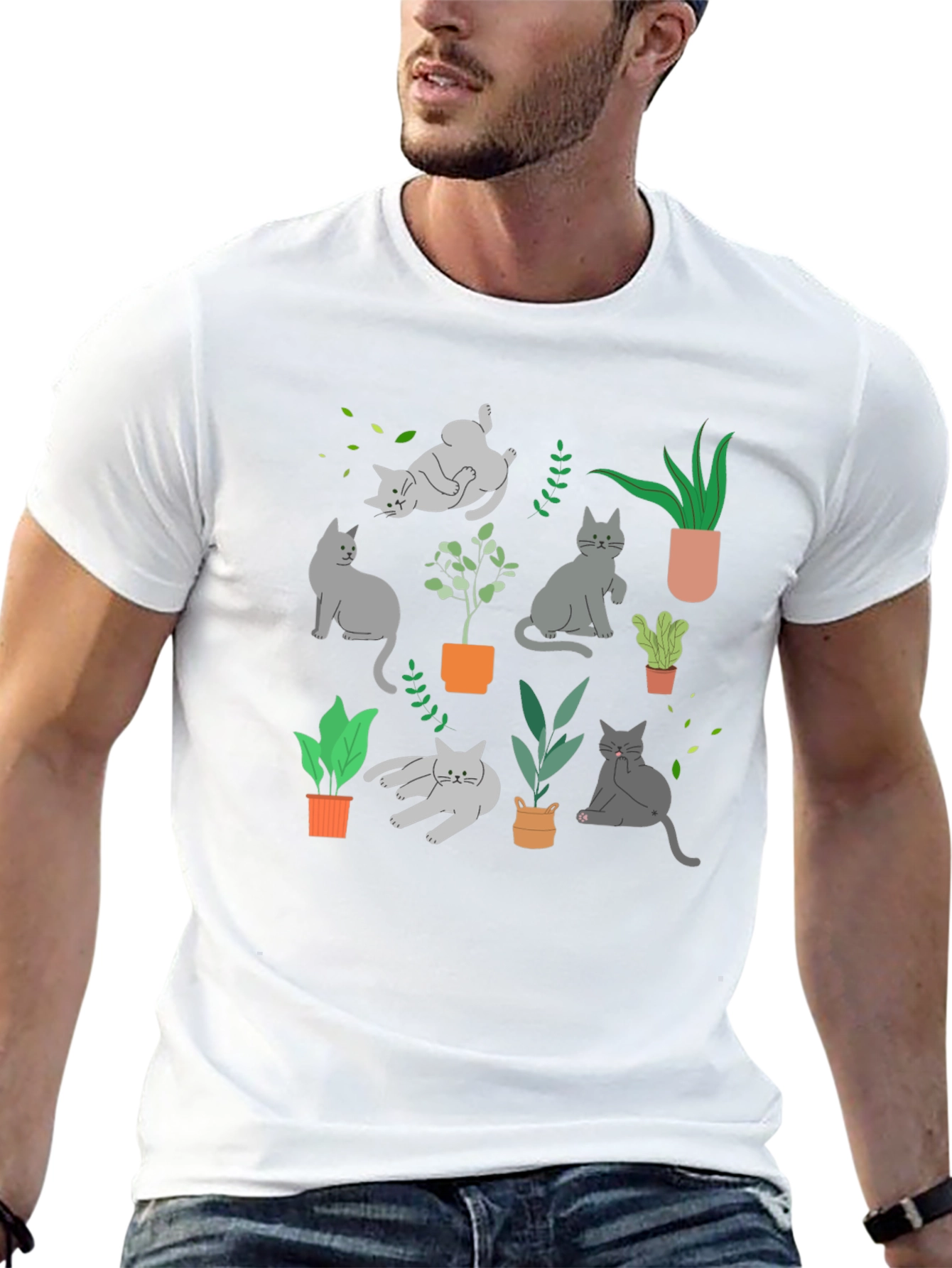 Cat & Plant Graphic Tee - Black Cotton Blend