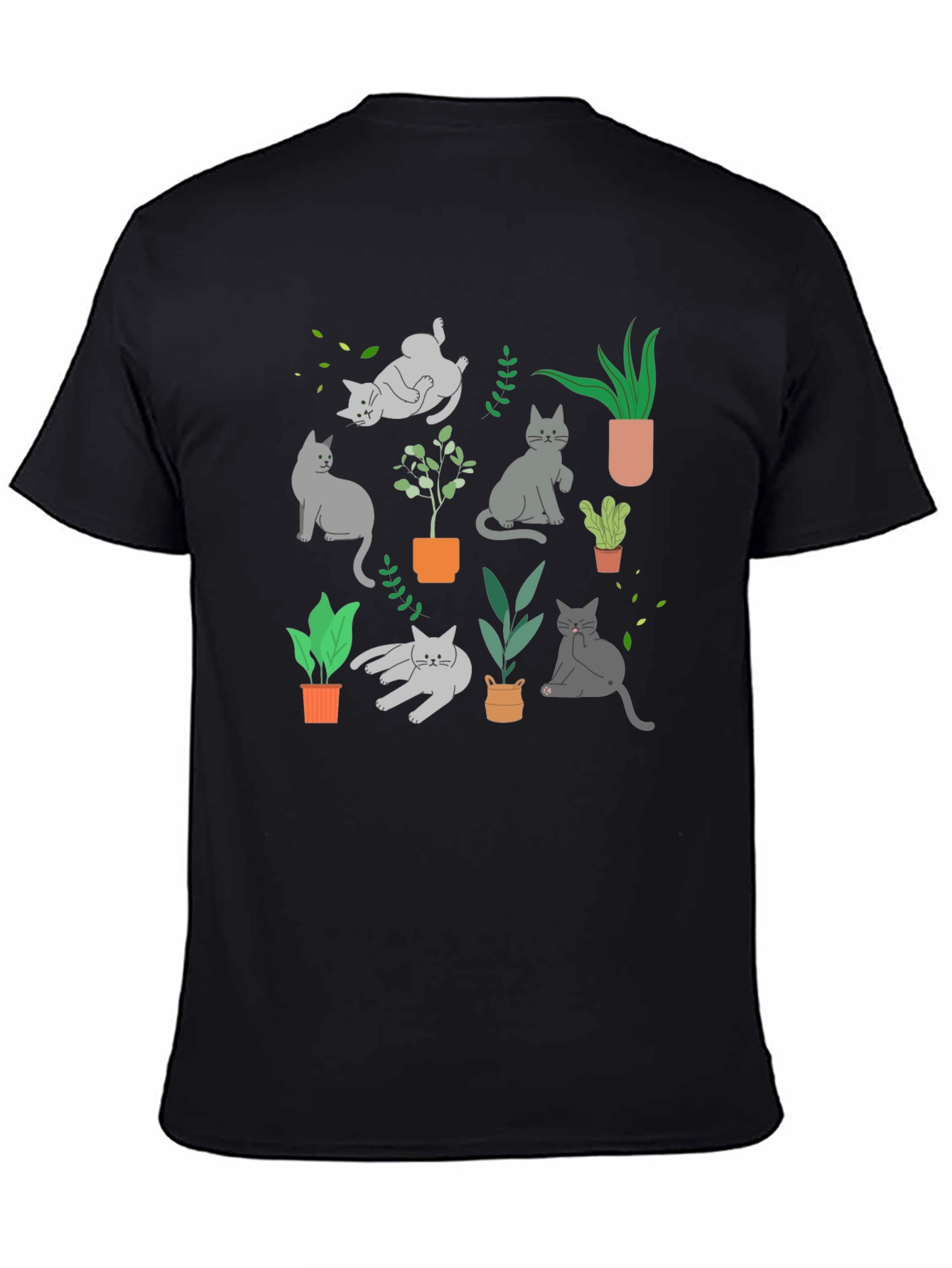 Cat & Plant Graphic Tee - Black Cotton Blend