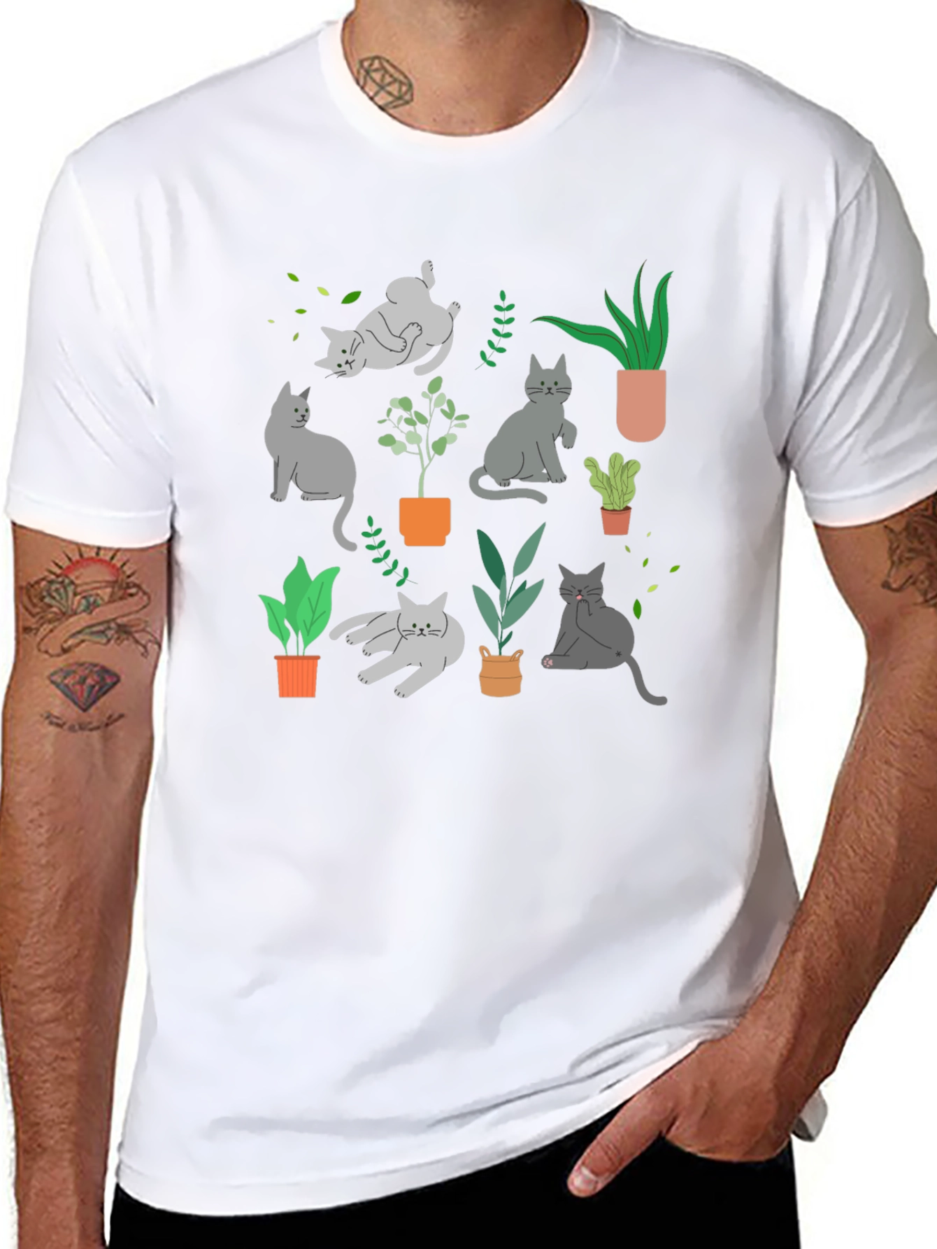 Cat & Plant Graphic Tee - Black Cotton Blend