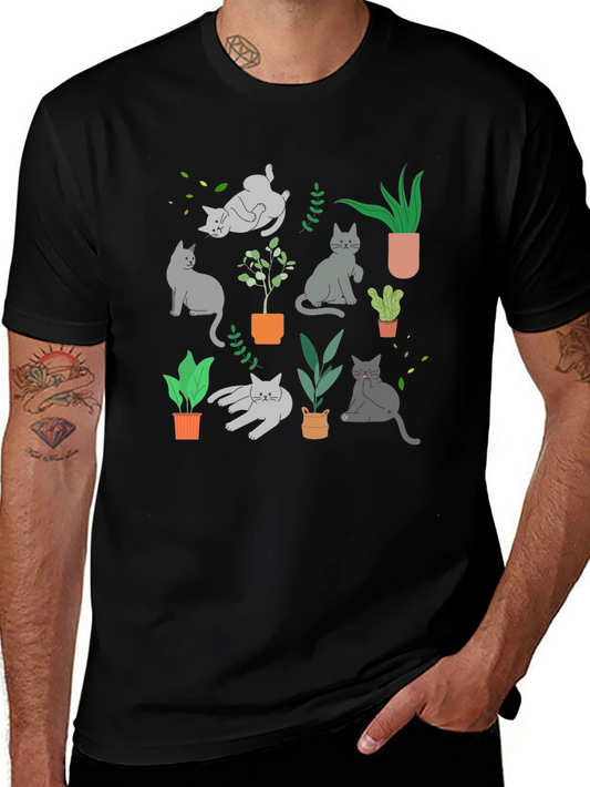 Cat & Plant Graphic Tee - Black Cotton Blend