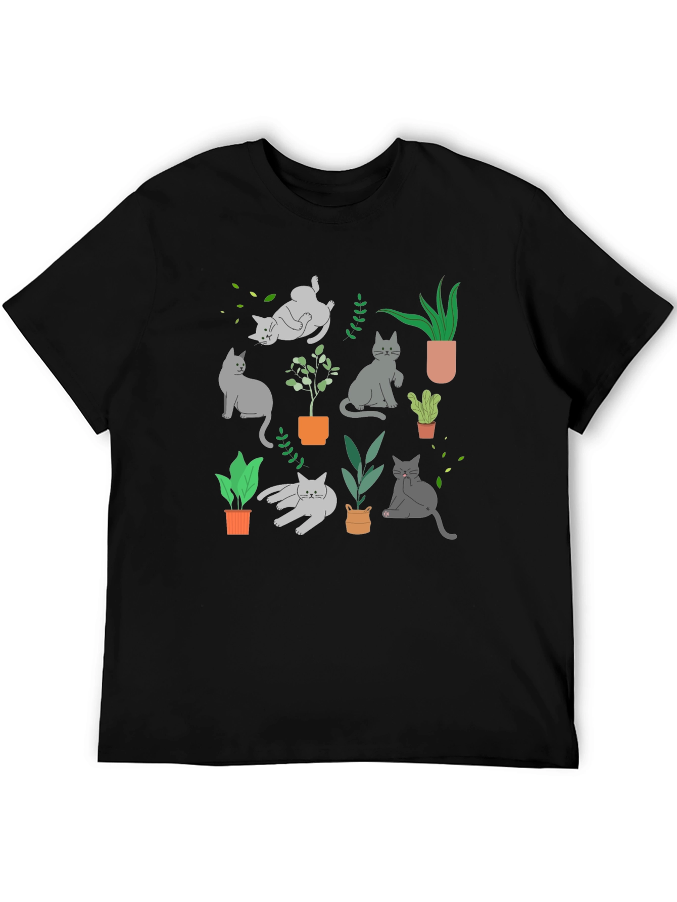 Cat & Plant Graphic Tee - Black Cotton Blend