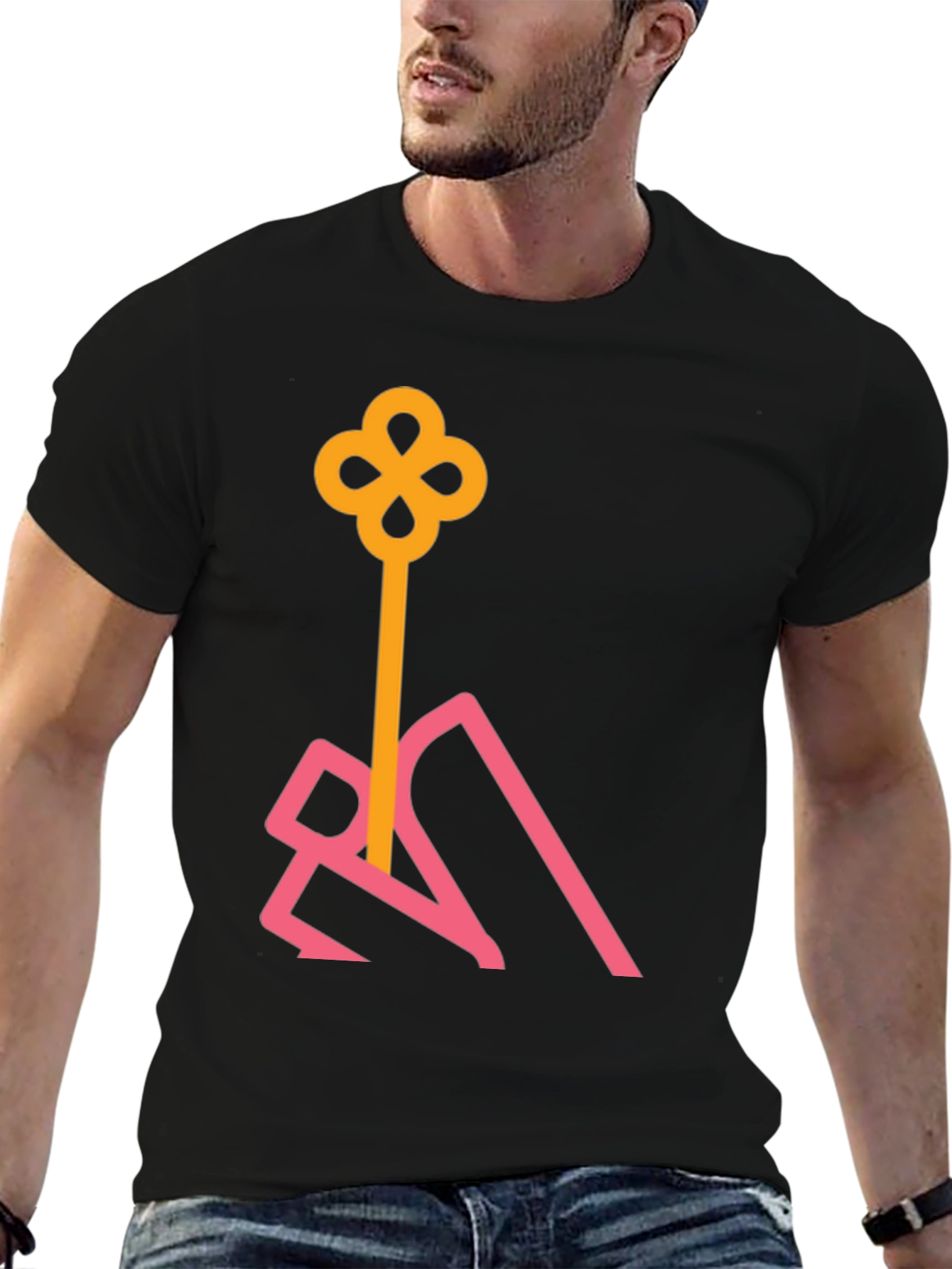 Stylish Black T-Shirt with Abstract Key Design