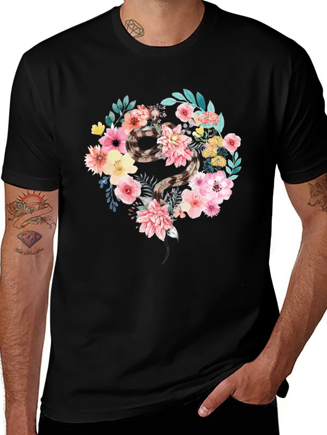 Floral Snake Graphic Tee - Unique Artistic Design