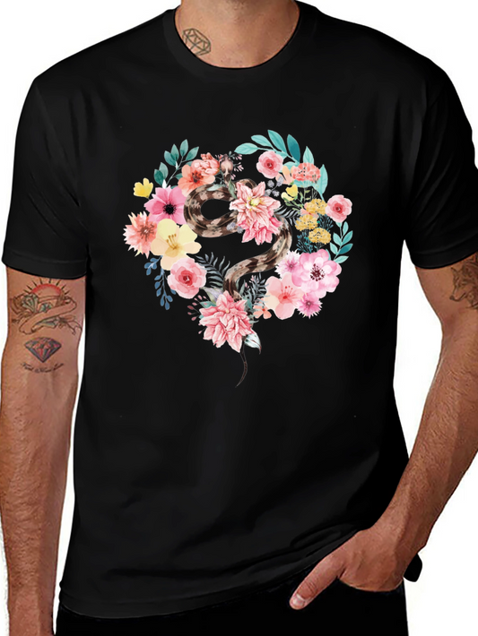 Floral Snake Graphic Tee - Unique Artistic Design