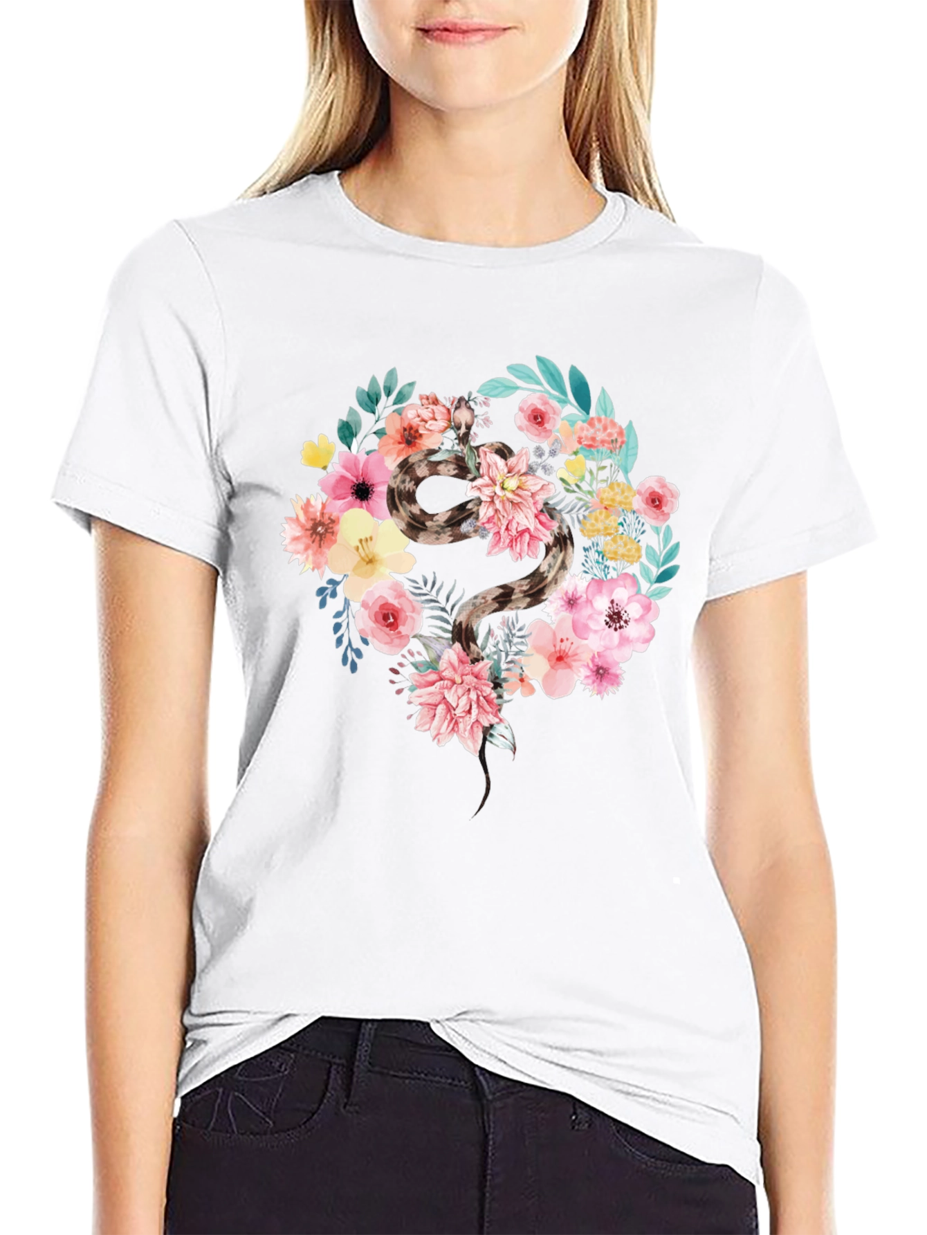 Floral Snake Graphic Tee - Unique Artistic Design