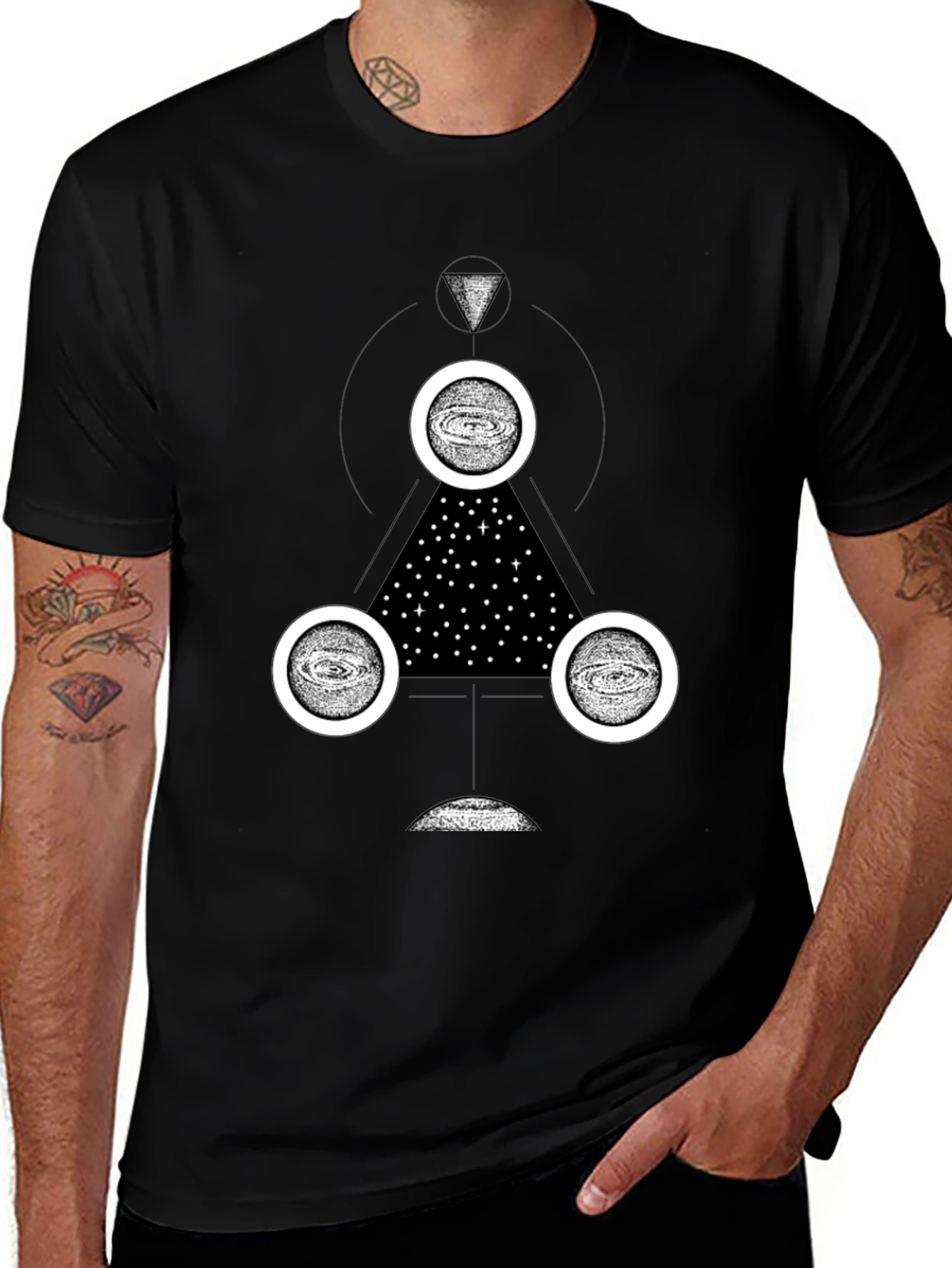 Cosmic Geometry Graphic Tee - Black Cotton T-Shirt