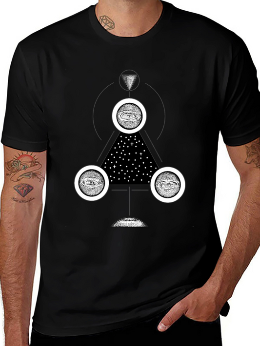 Cosmic Geometry Graphic Tee - Black Cotton T-Shirt