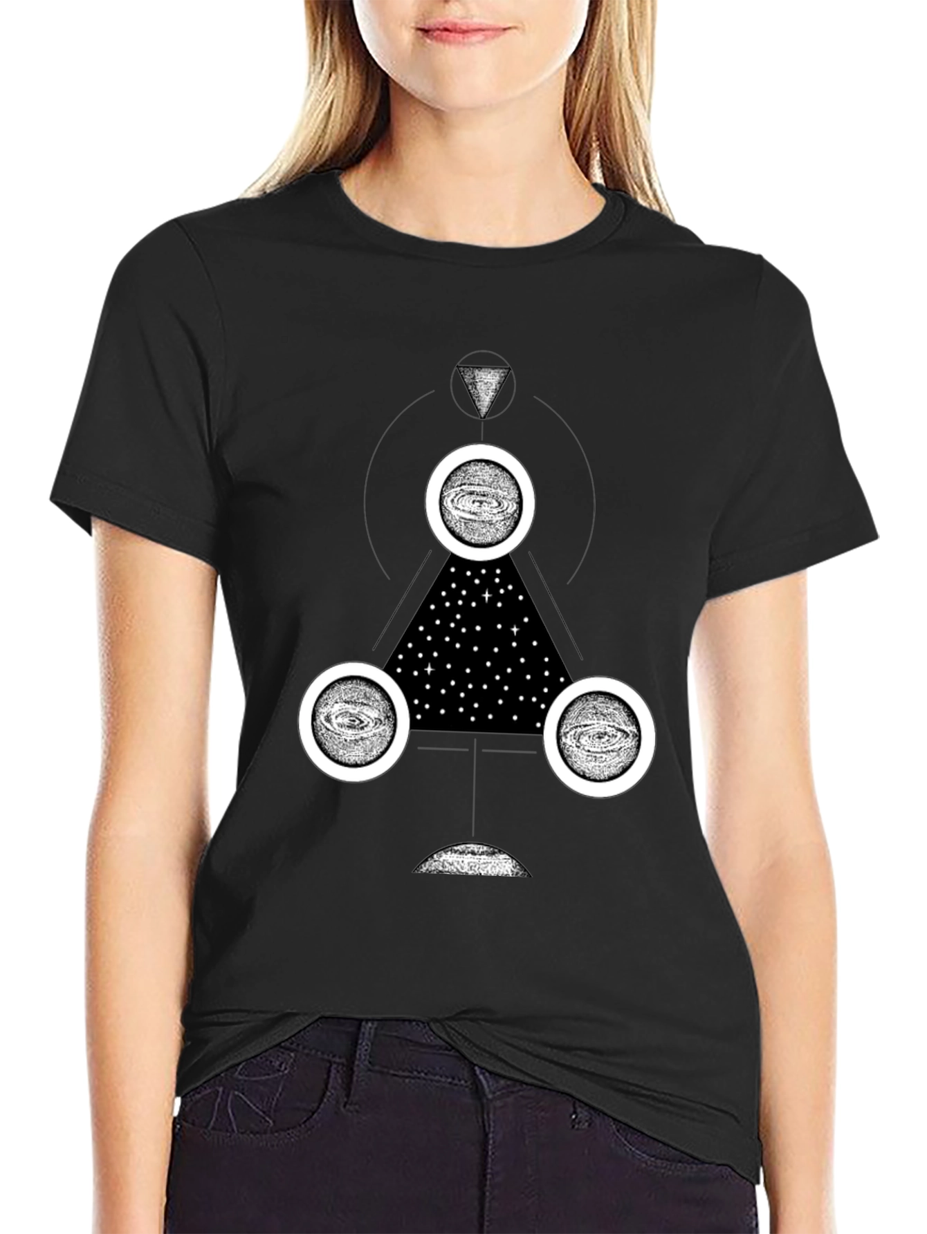 Cosmic Geometry Graphic Tee - Black Cotton T-Shirt