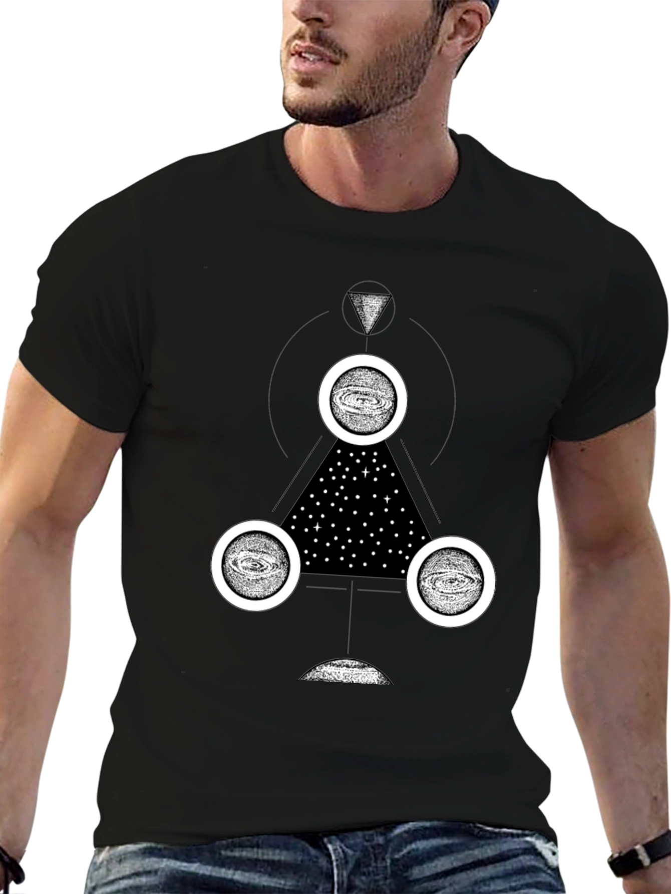 Cosmic Geometry Graphic Tee - Black Cotton T-Shirt