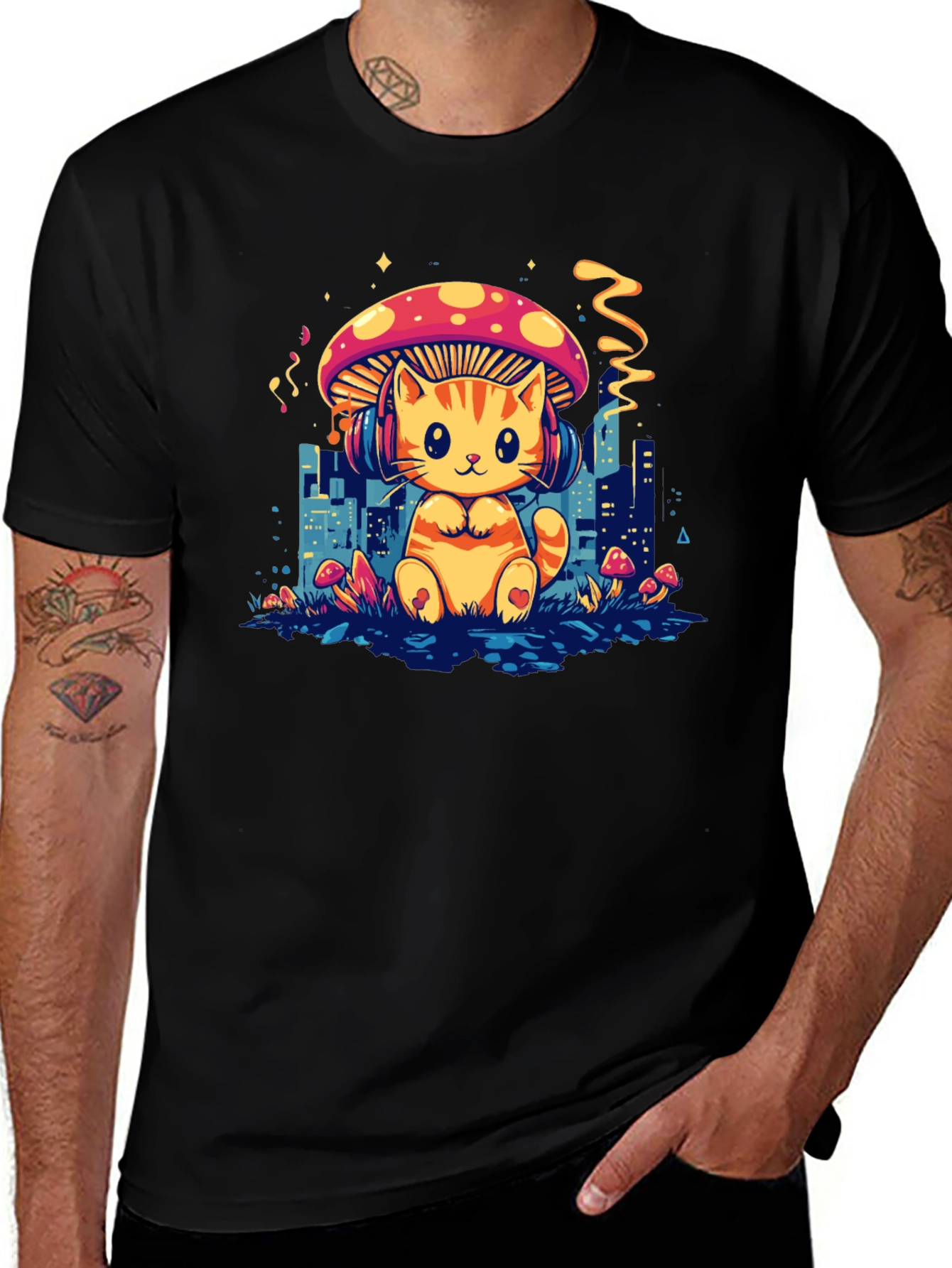 Cat Mushroom Black T-Shirt
