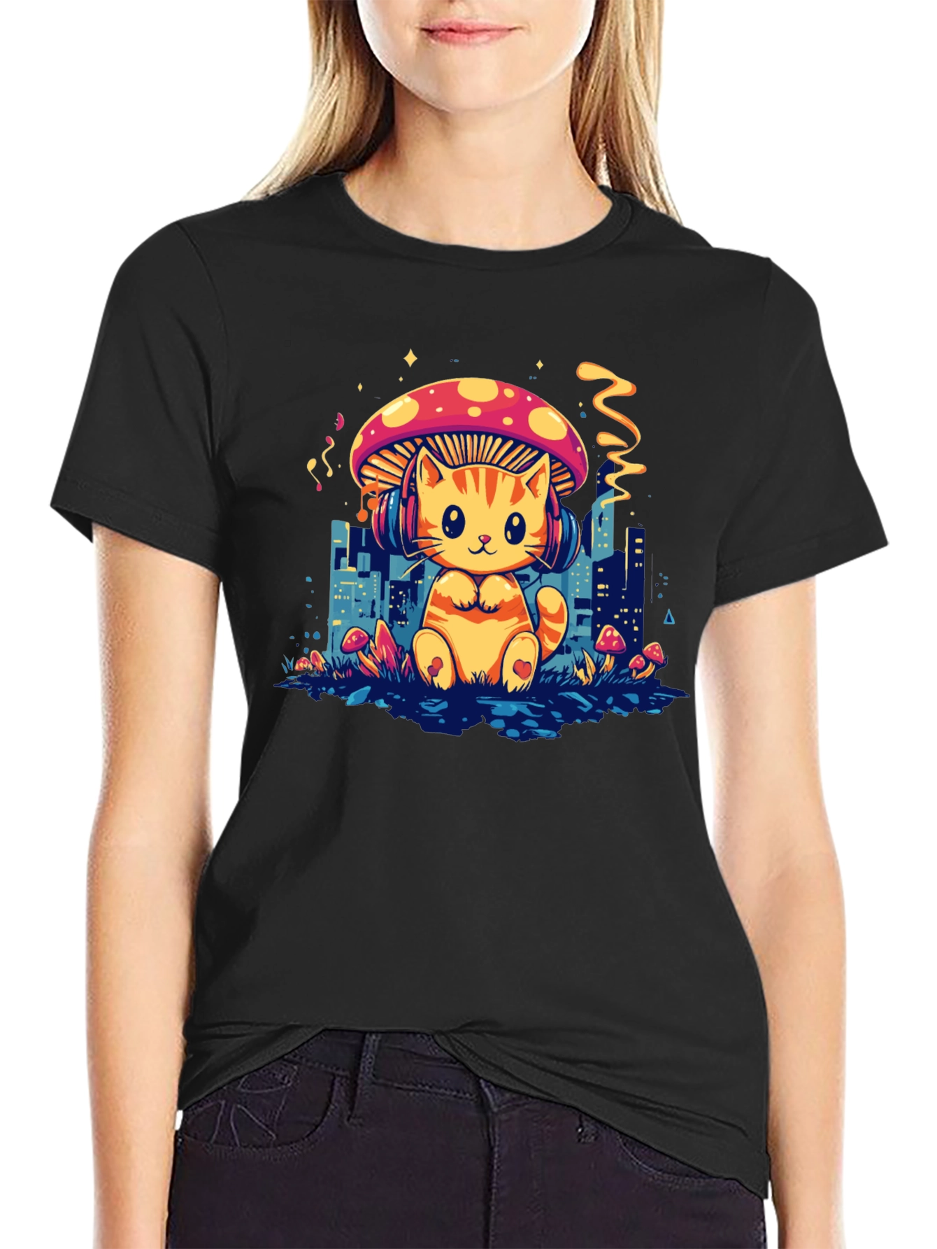 Cat Mushroom Black T-Shirt