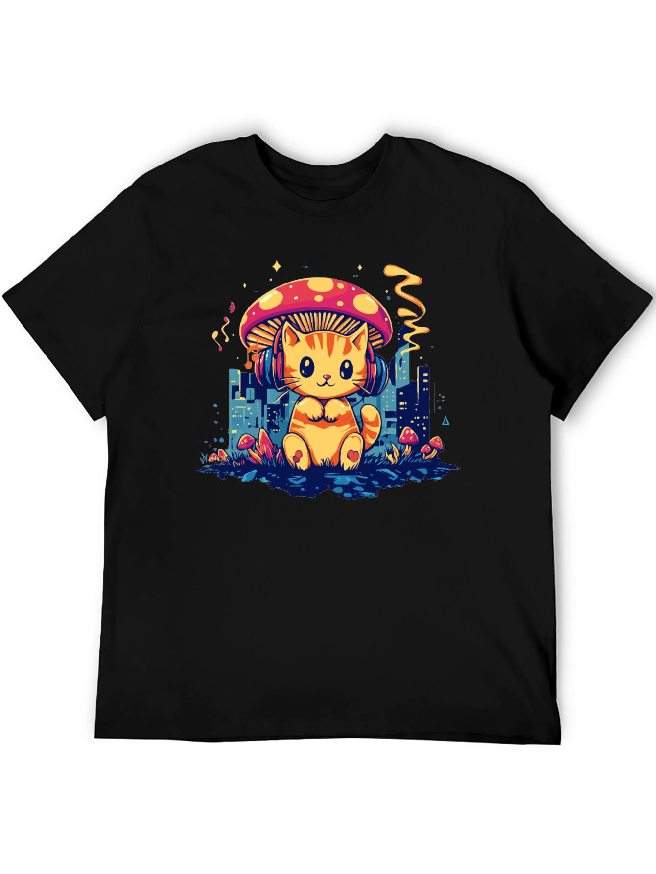 Cat Mushroom Black T-Shirt