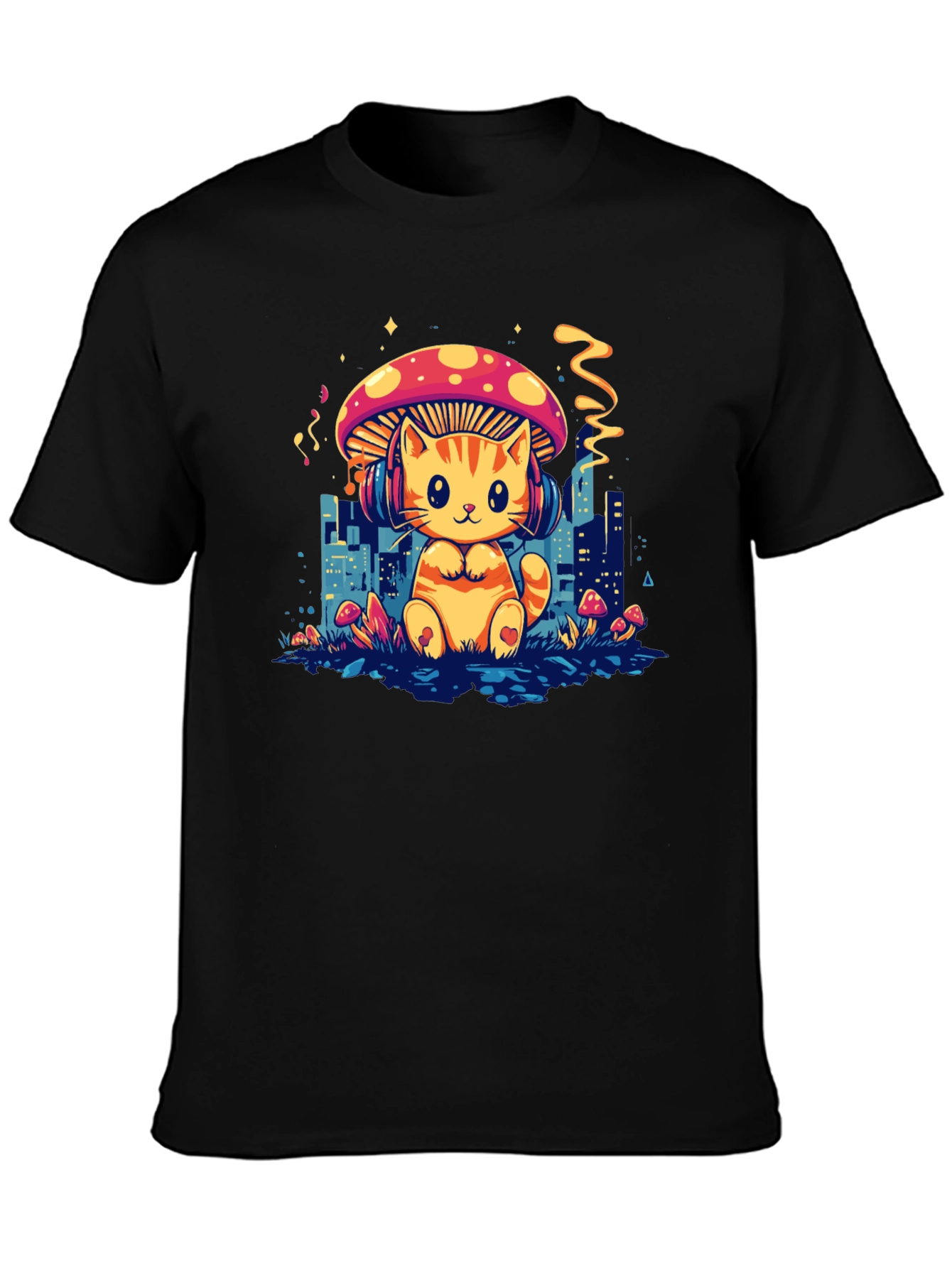 Cat Mushroom Black T-Shirt