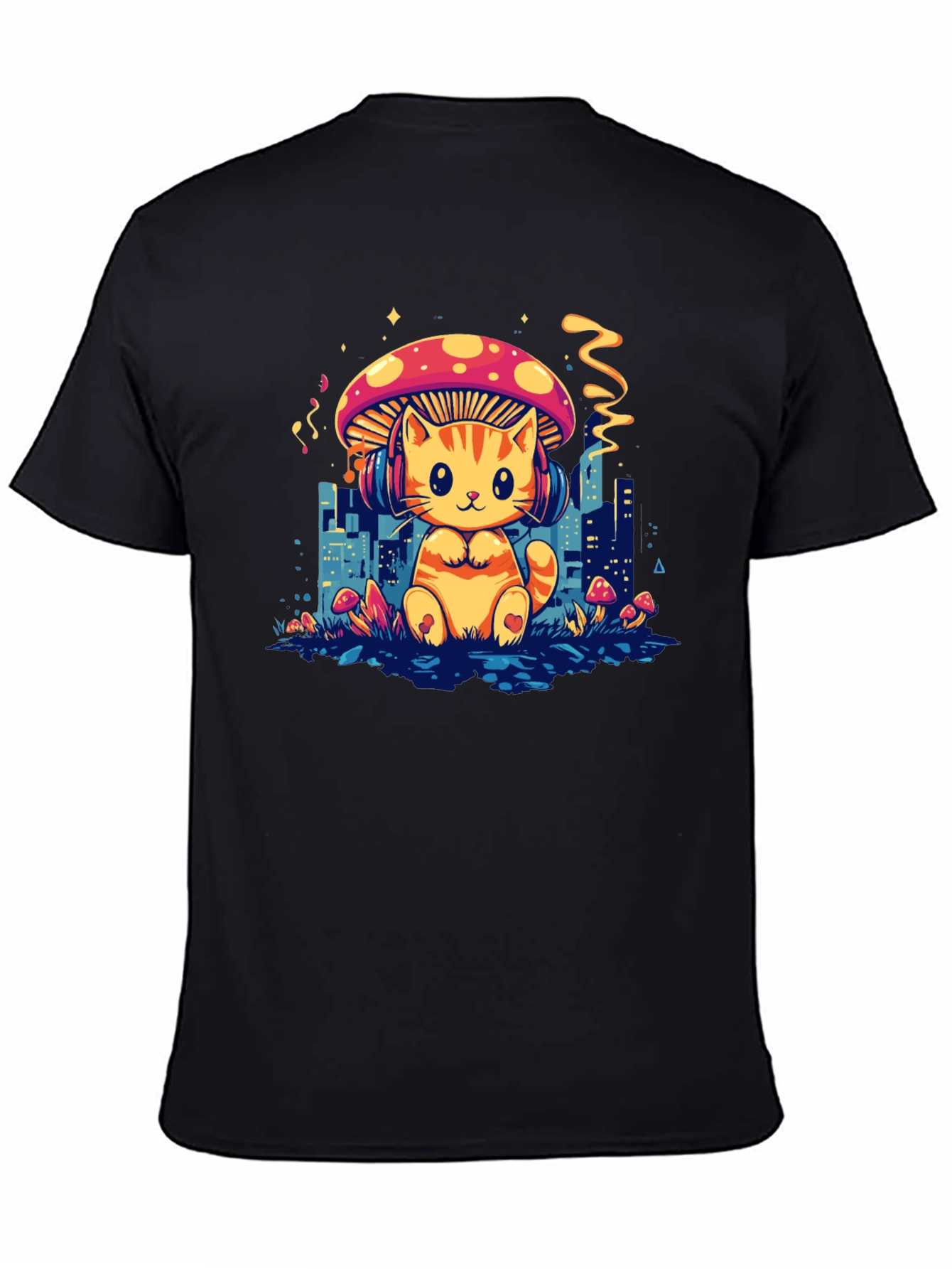 Cat Mushroom Black T-Shirt