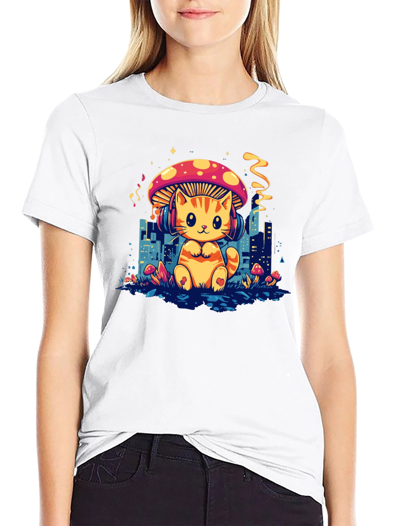 Cat Mushroom Black T-Shirt