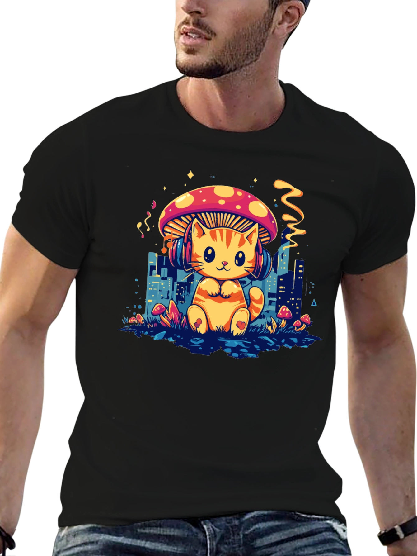 Cat Mushroom Black T-Shirt