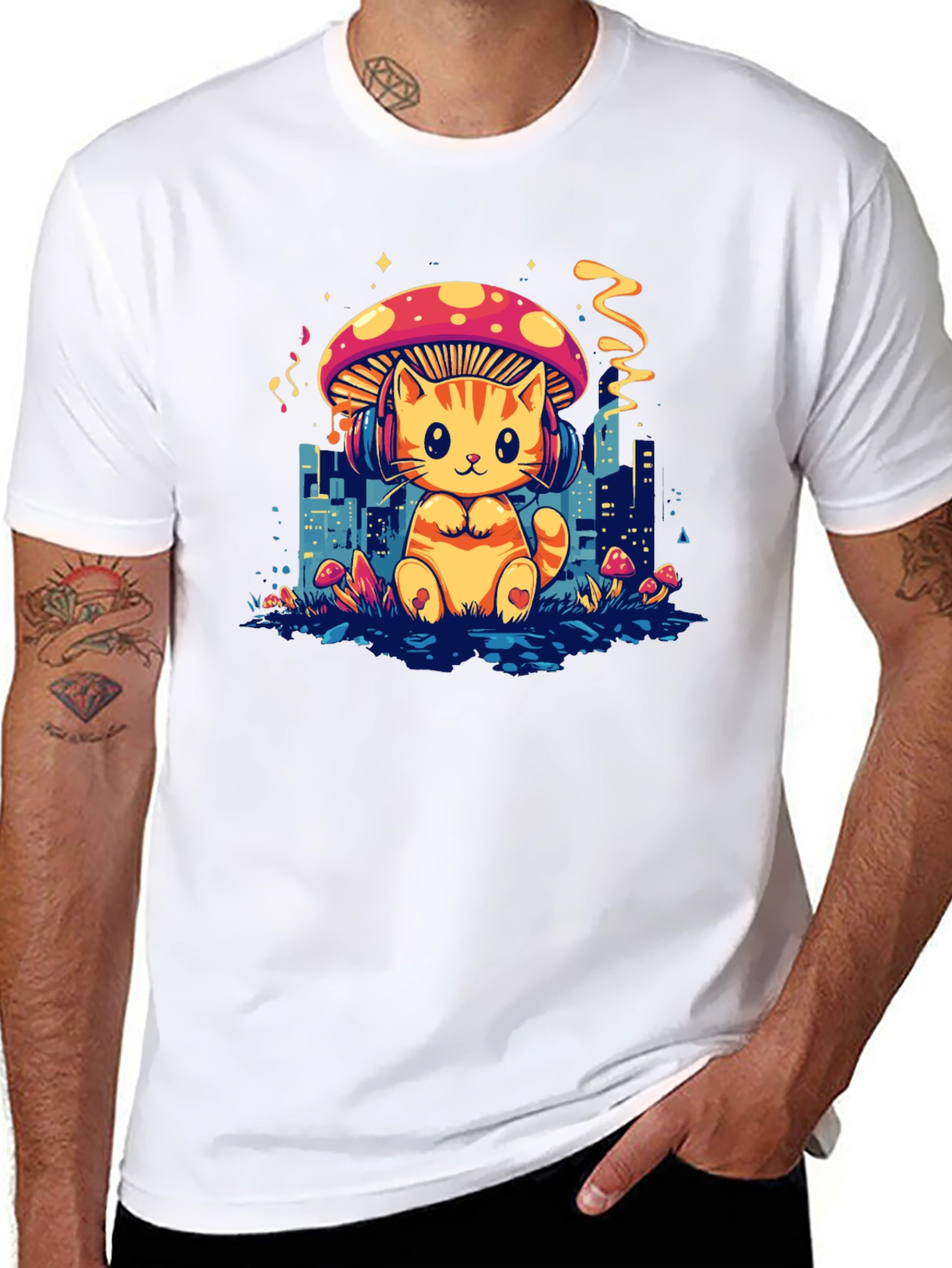 Cat Mushroom Black T-Shirt
