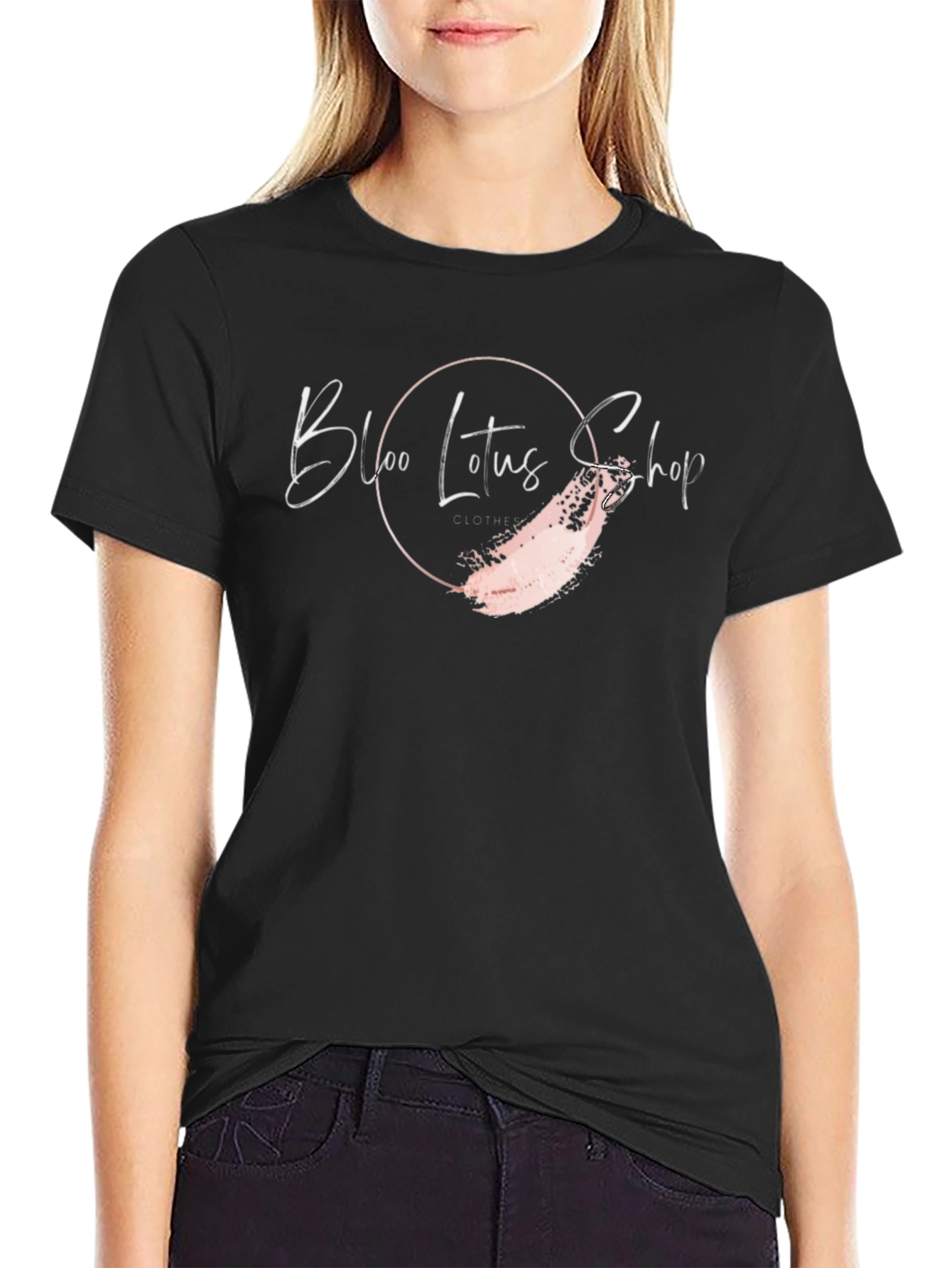 Black Tee with Bloo Lotus Shop Graphic