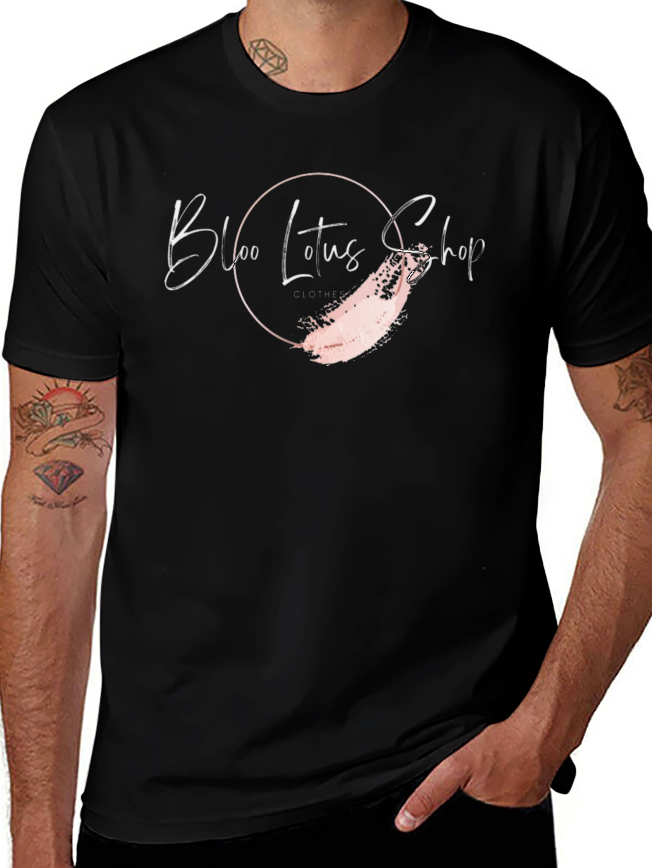 Black Tee with Bloo Lotus Shop Graphic