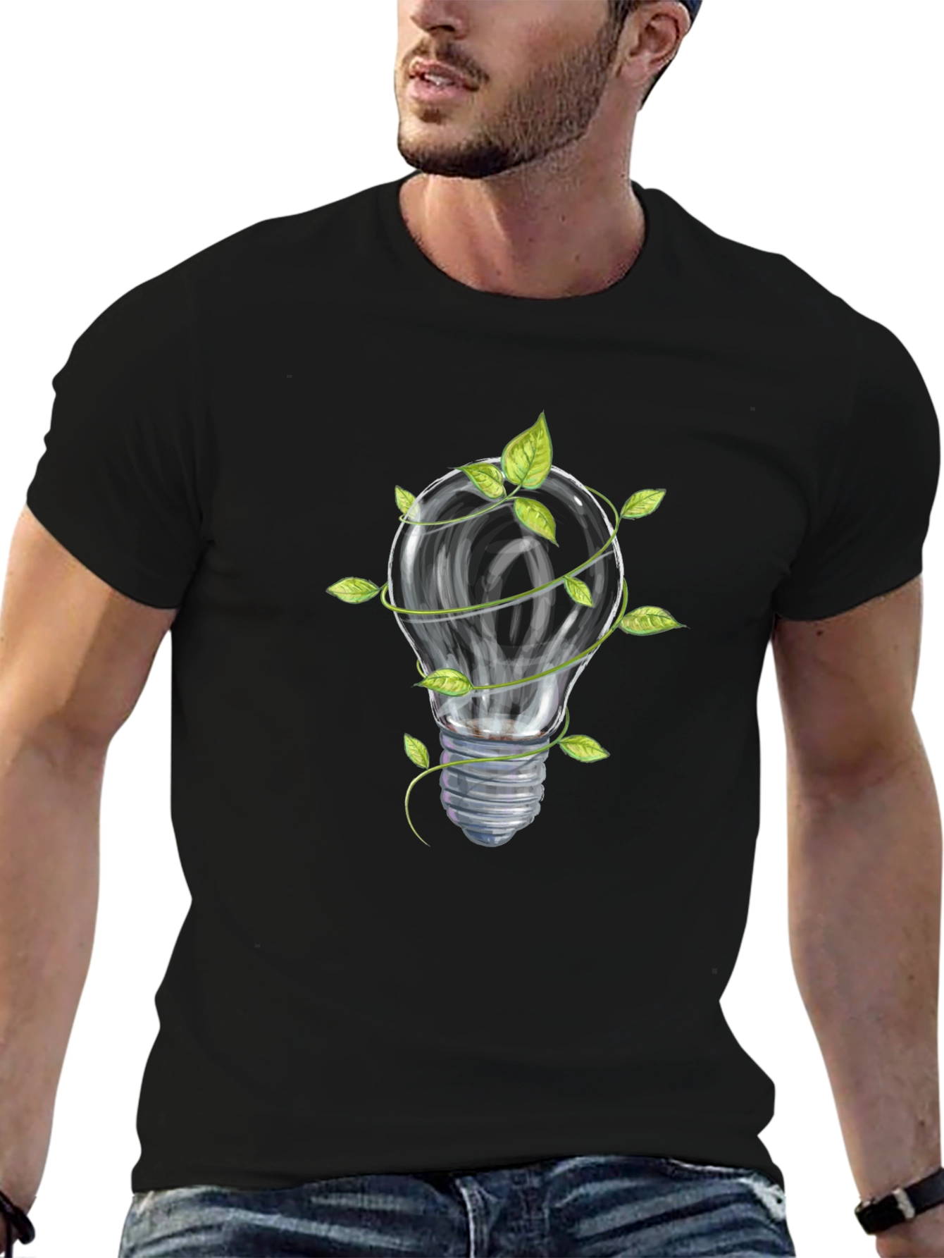 Eco-Friendly Lightbulb Graphic Tee - Black Cotton Shirt