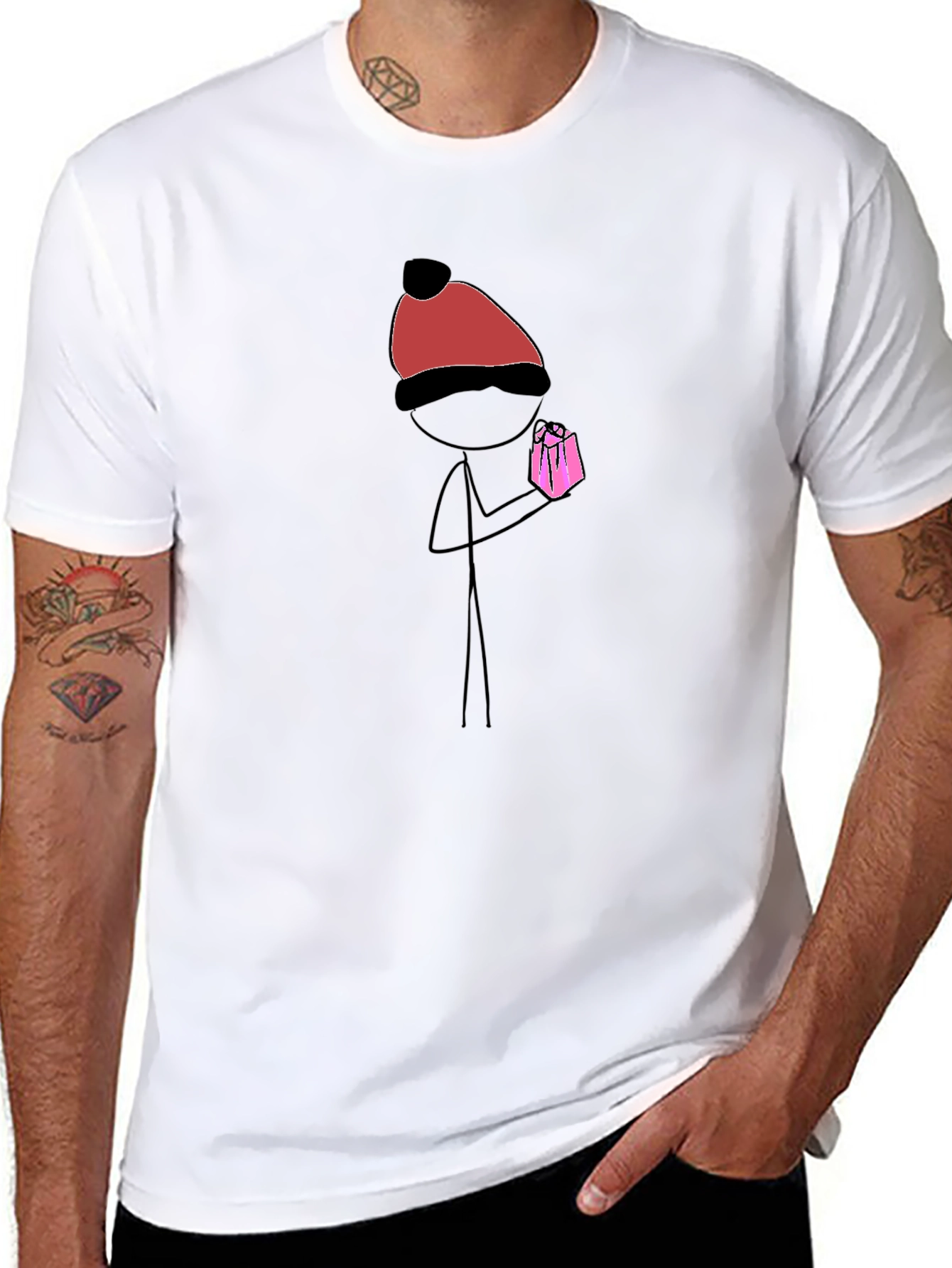 Stick Figure Pink Present Graphic Tee