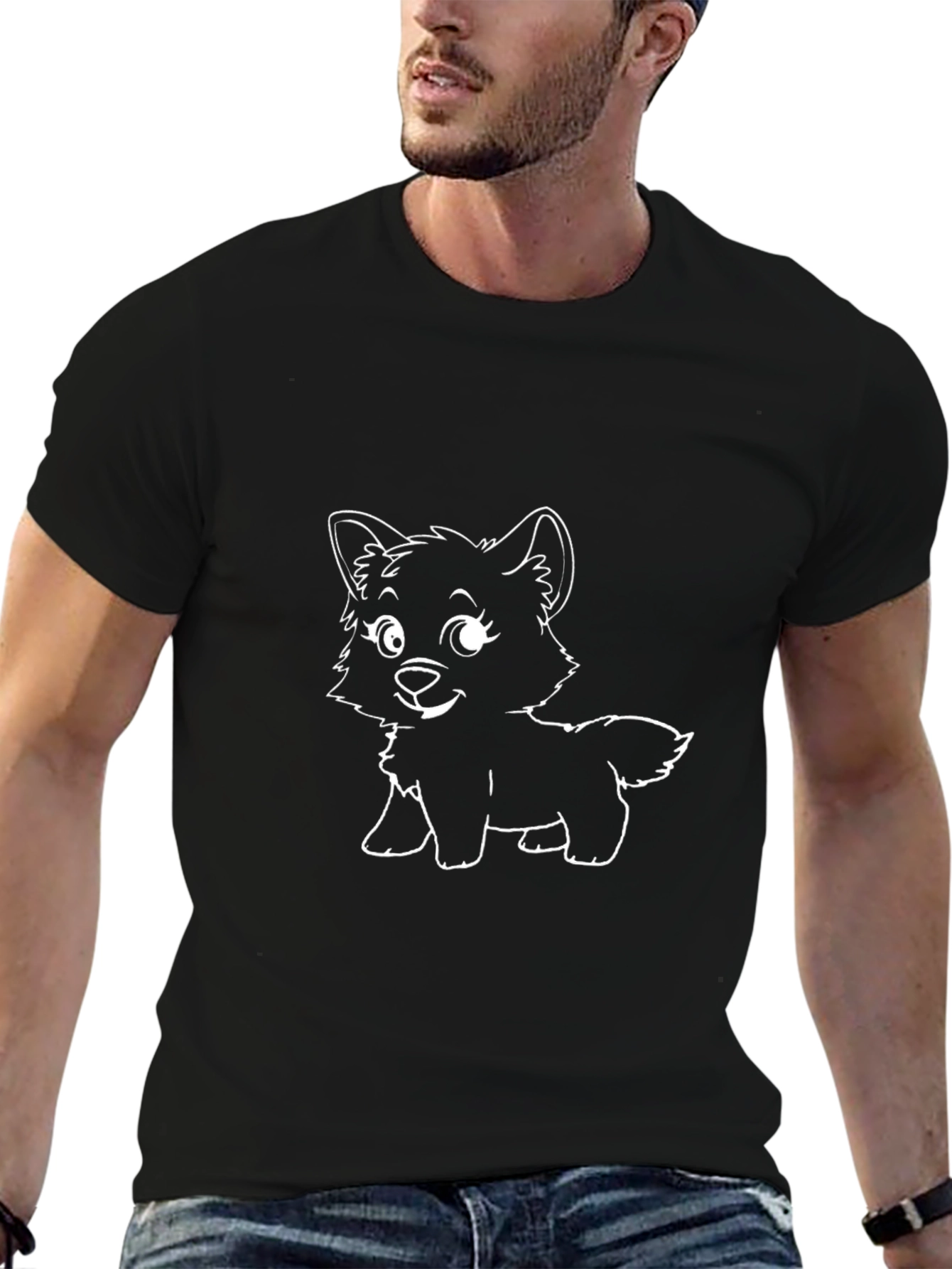 Cute Cartoon Puppy Graphic Tee - Black