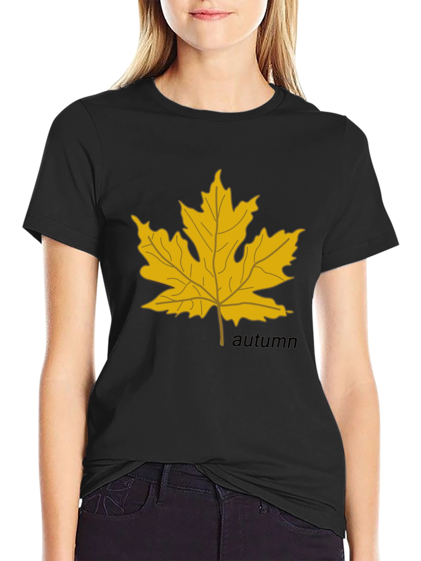 Autumn Maple Leaf Graphic Black T-Shirt
