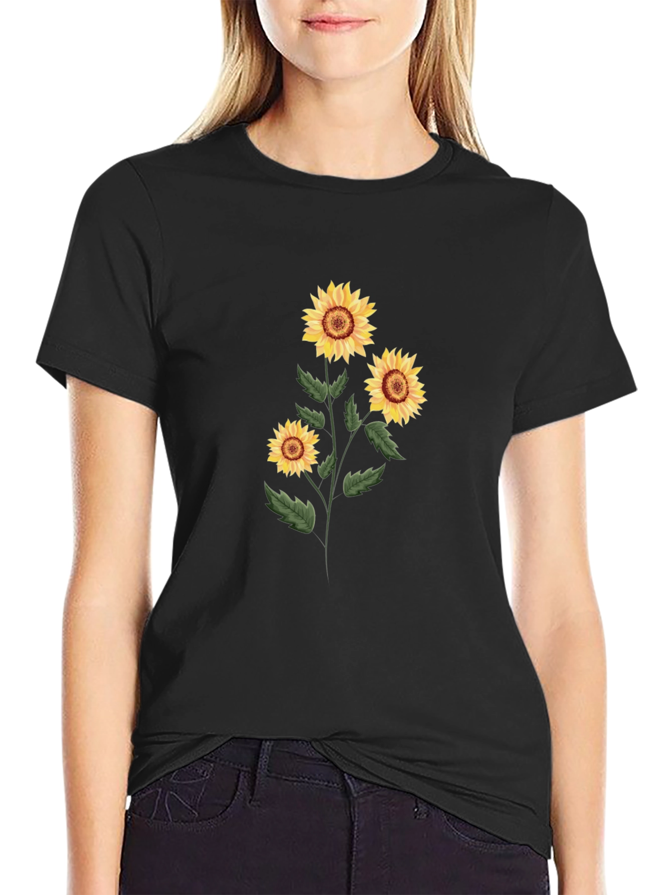 Sunflower Graphic Print Tee - Black Cotton Blend