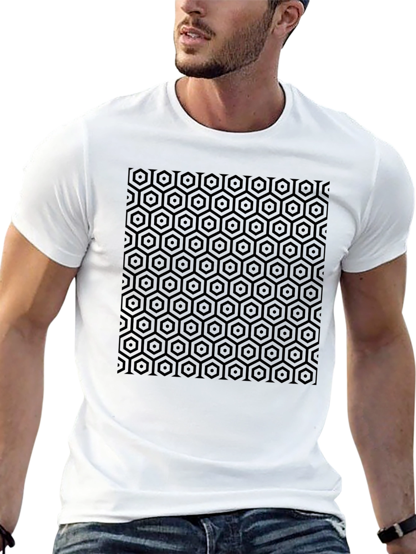 Geometric Hexagon Pattern Black T-Shirt
