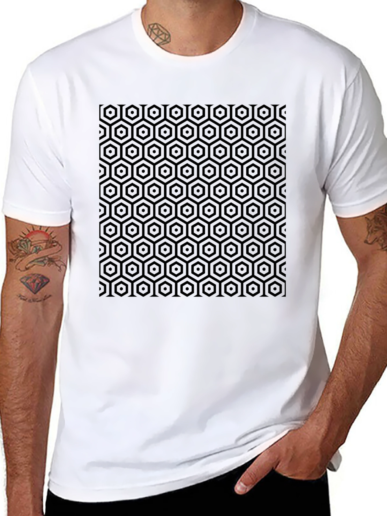 Geometric Hexagon Pattern Black T-Shirt