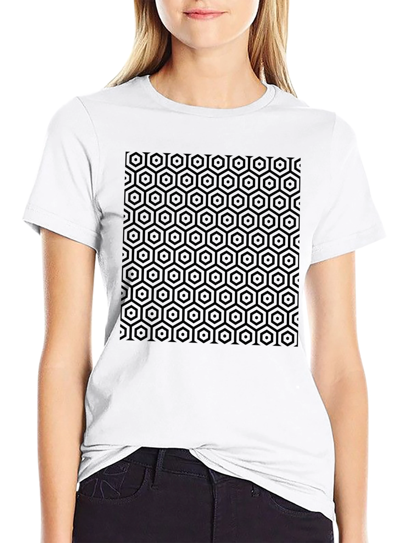 Geometric Hexagon Pattern Black T-Shirt