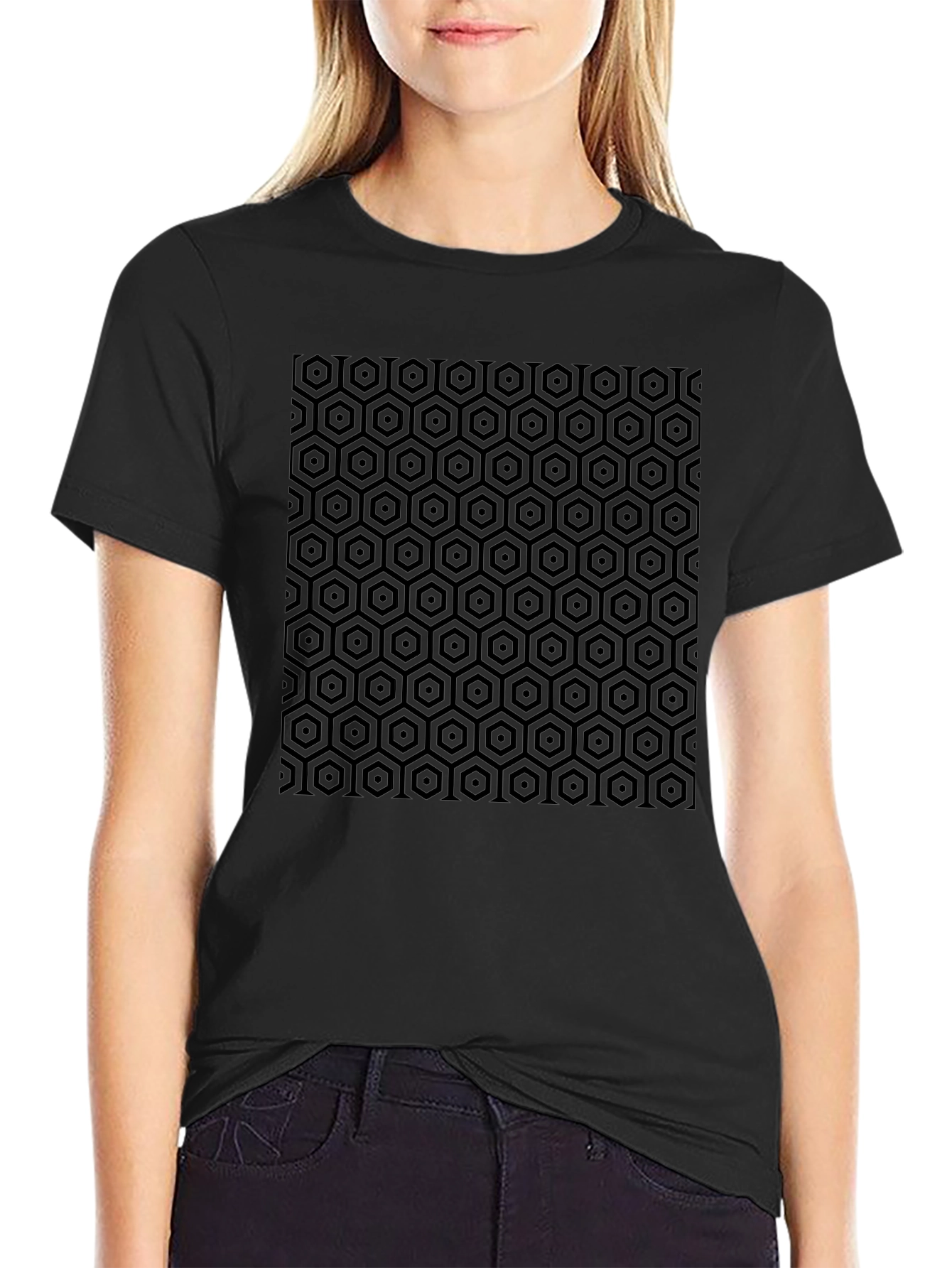 Geometric Hexagon Pattern Black T-Shirt