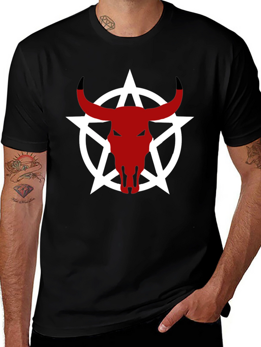 Black T-Shirt with Red Bull Skull and White Star Design