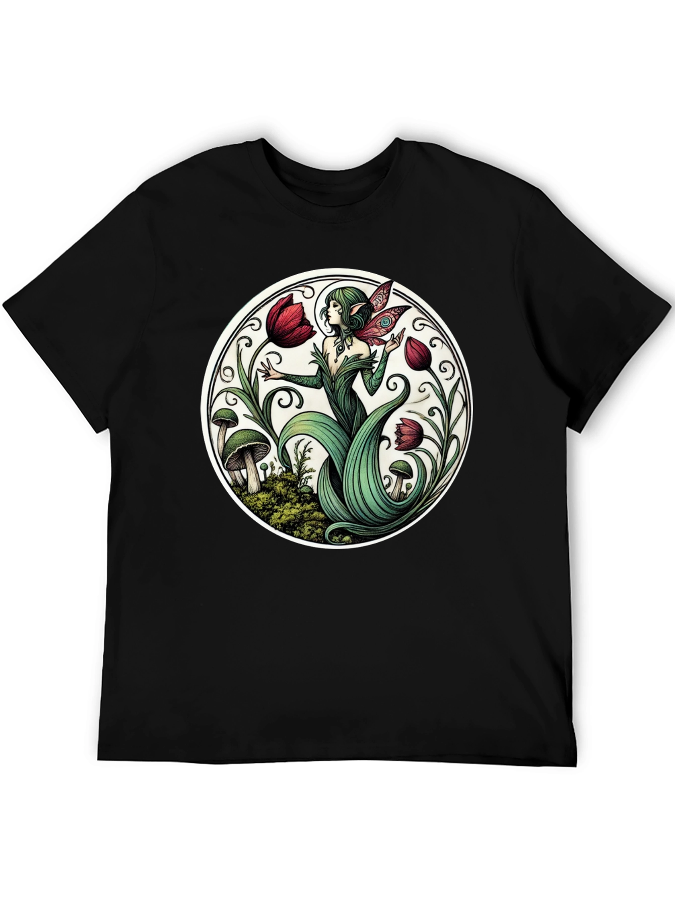 Enchanting Fairy Tulip Garden Black T-Shirt