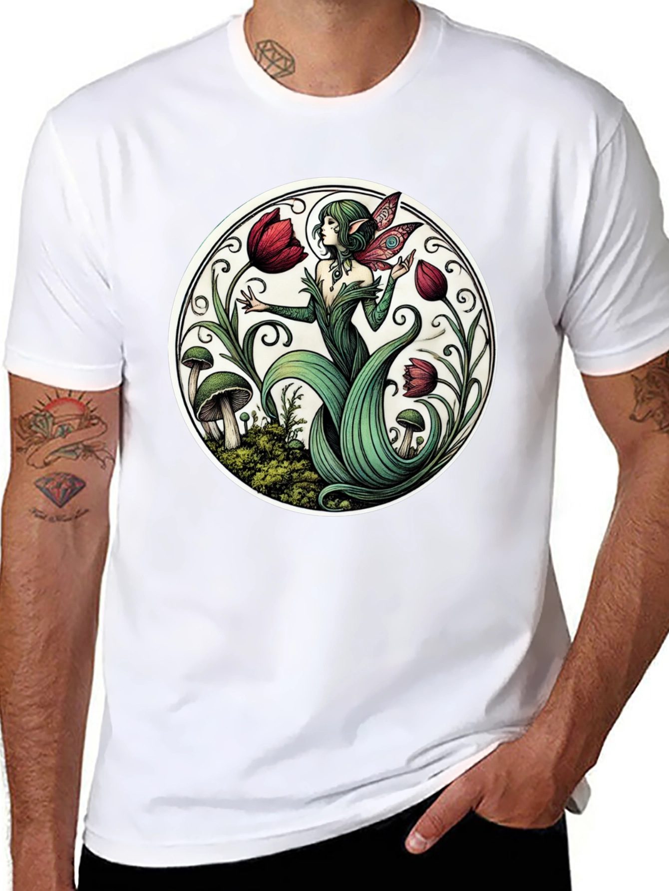 Enchanting Fairy Tulip Garden Black T-Shirt