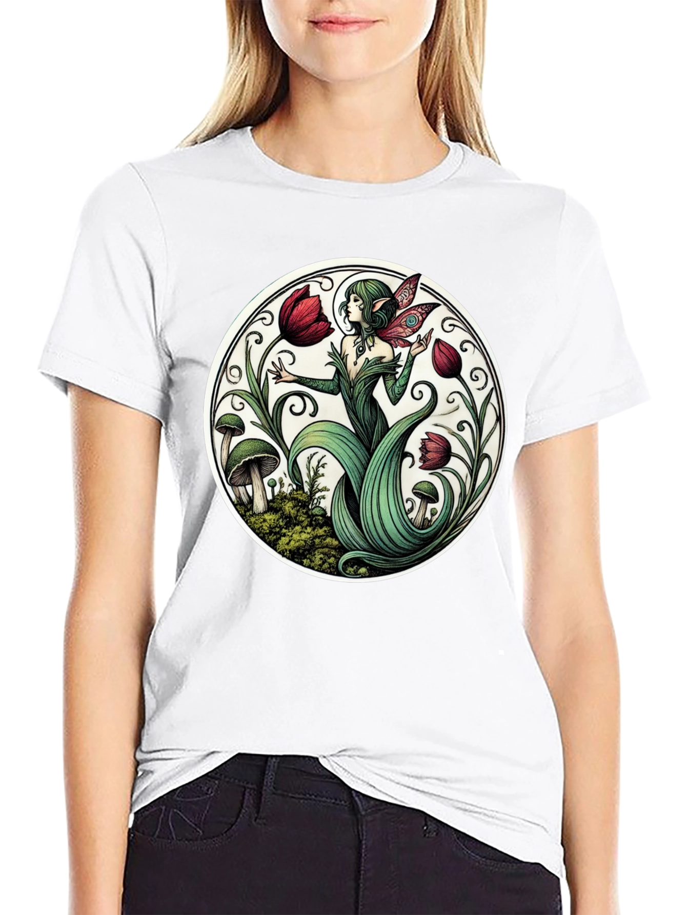 Enchanting Fairy Tulip Garden Black T-Shirt