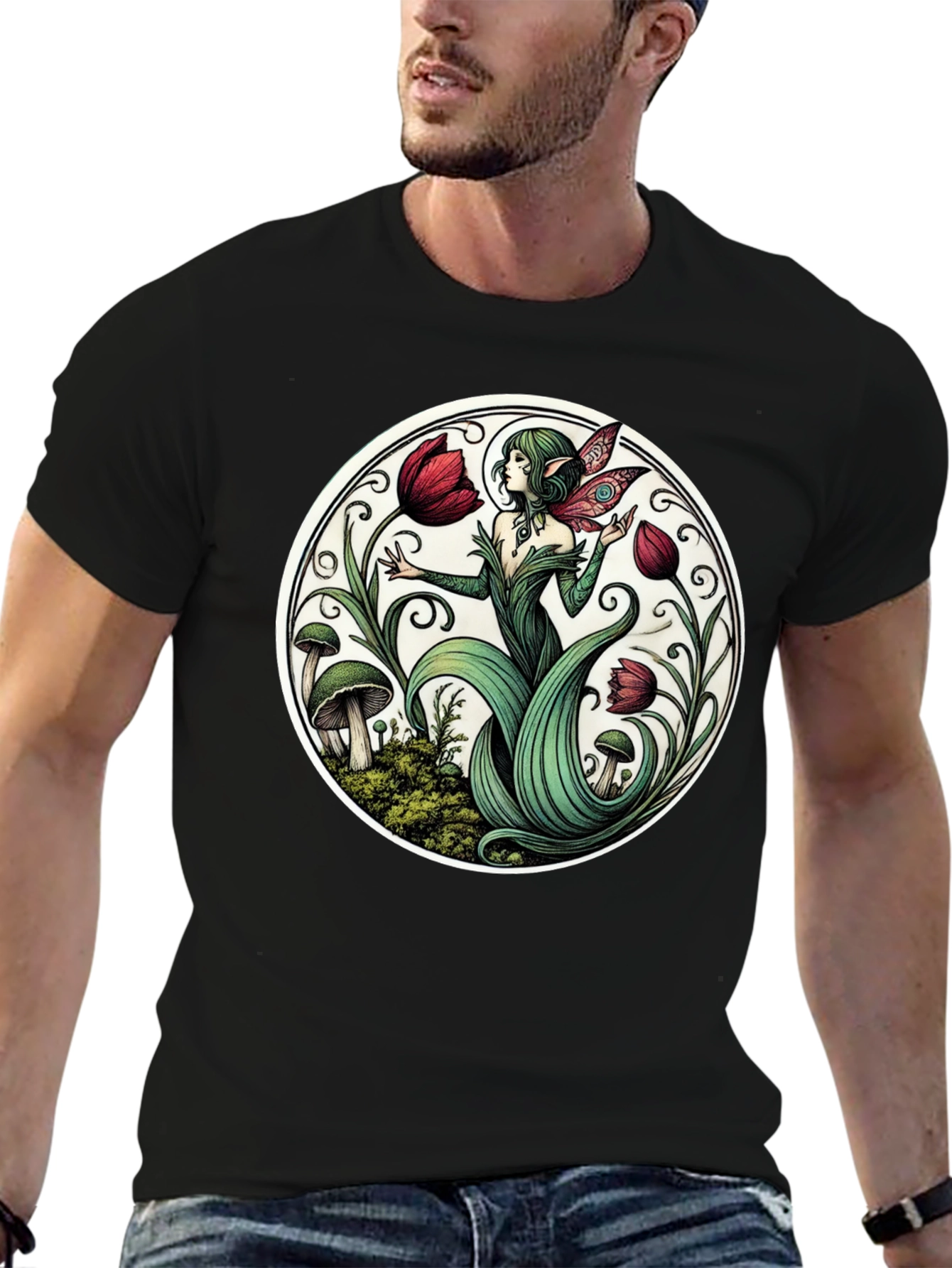 Enchanting Fairy Tulip Garden Black T-Shirt