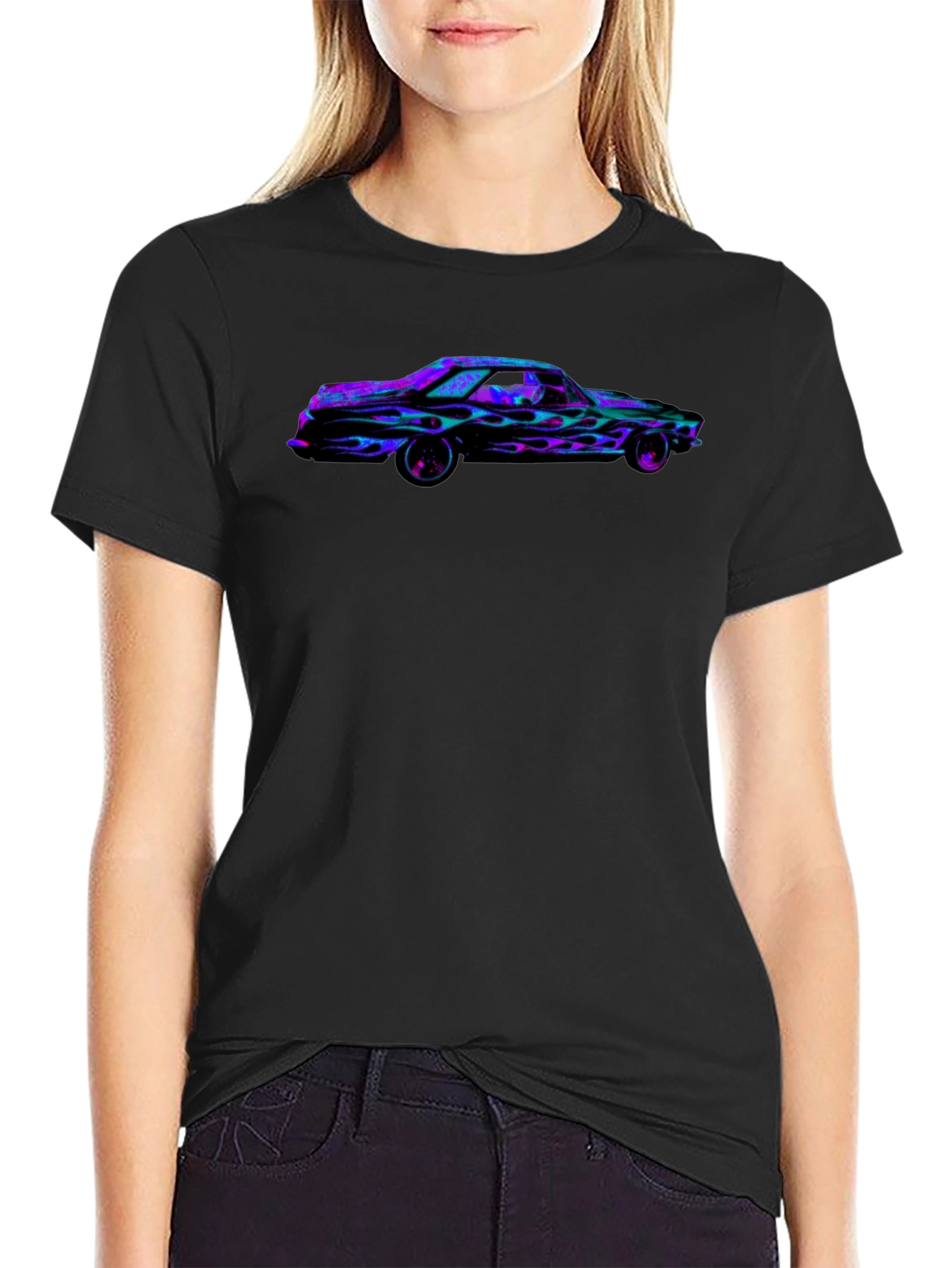 Flaming Car Graphic Tee - Bold Black T-Shirt